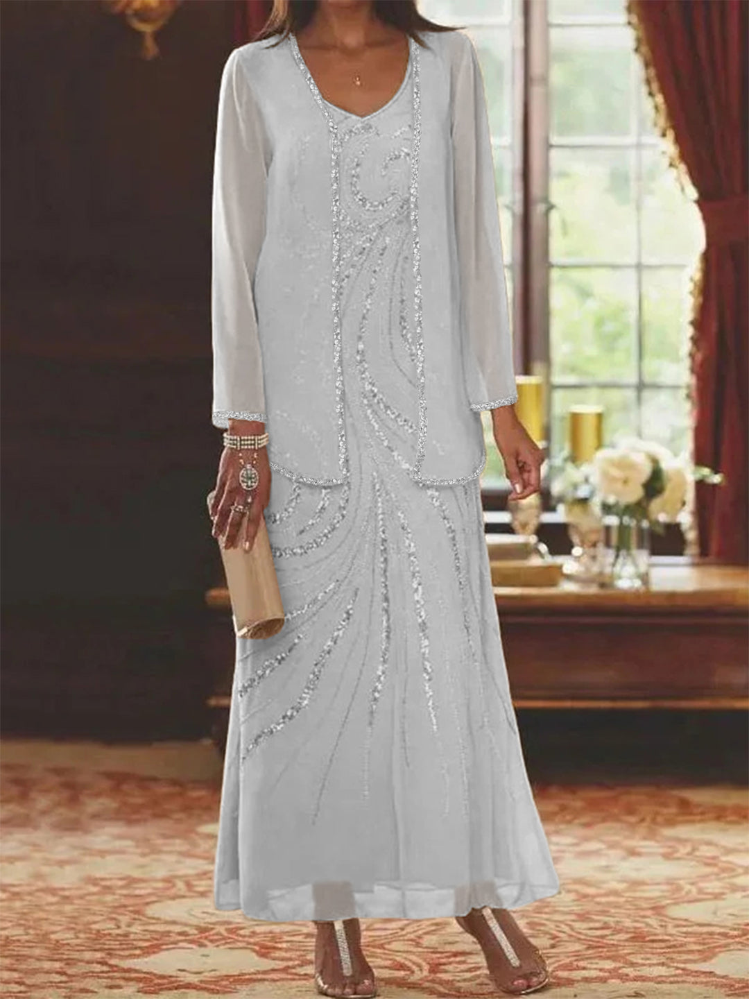 Sheath Column V Neck Ankle Length Mother Of The Bride Dresses With Jacket Sequins Beading