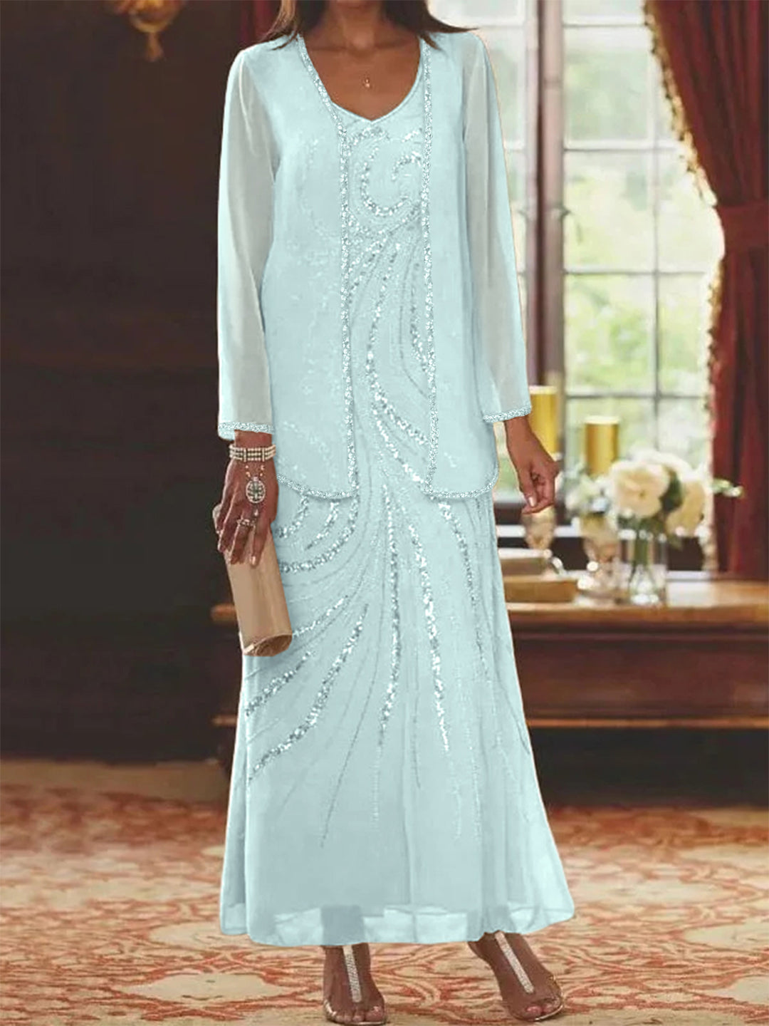 Sheath Column V Neck Ankle Length Mother Of The Bride Dresses With Jacket Sequins Beading