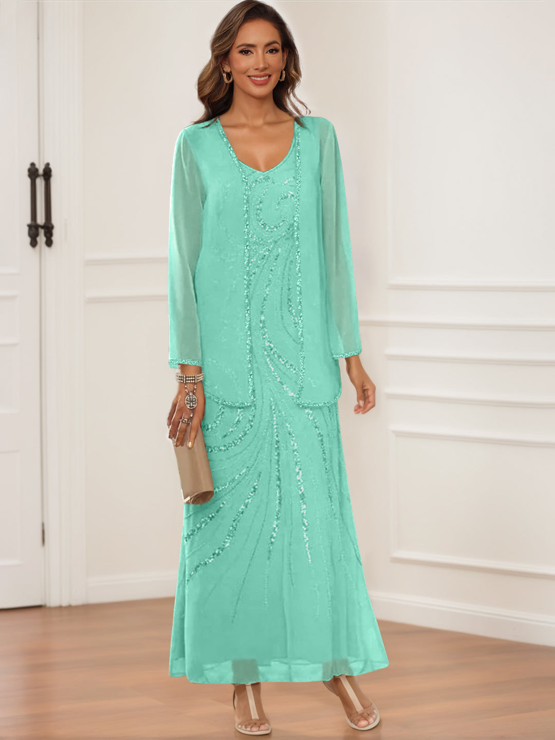 Sheath Column V Neck Ankle Length Mother Of The Bride Groom Dresses With Jacket Sequins