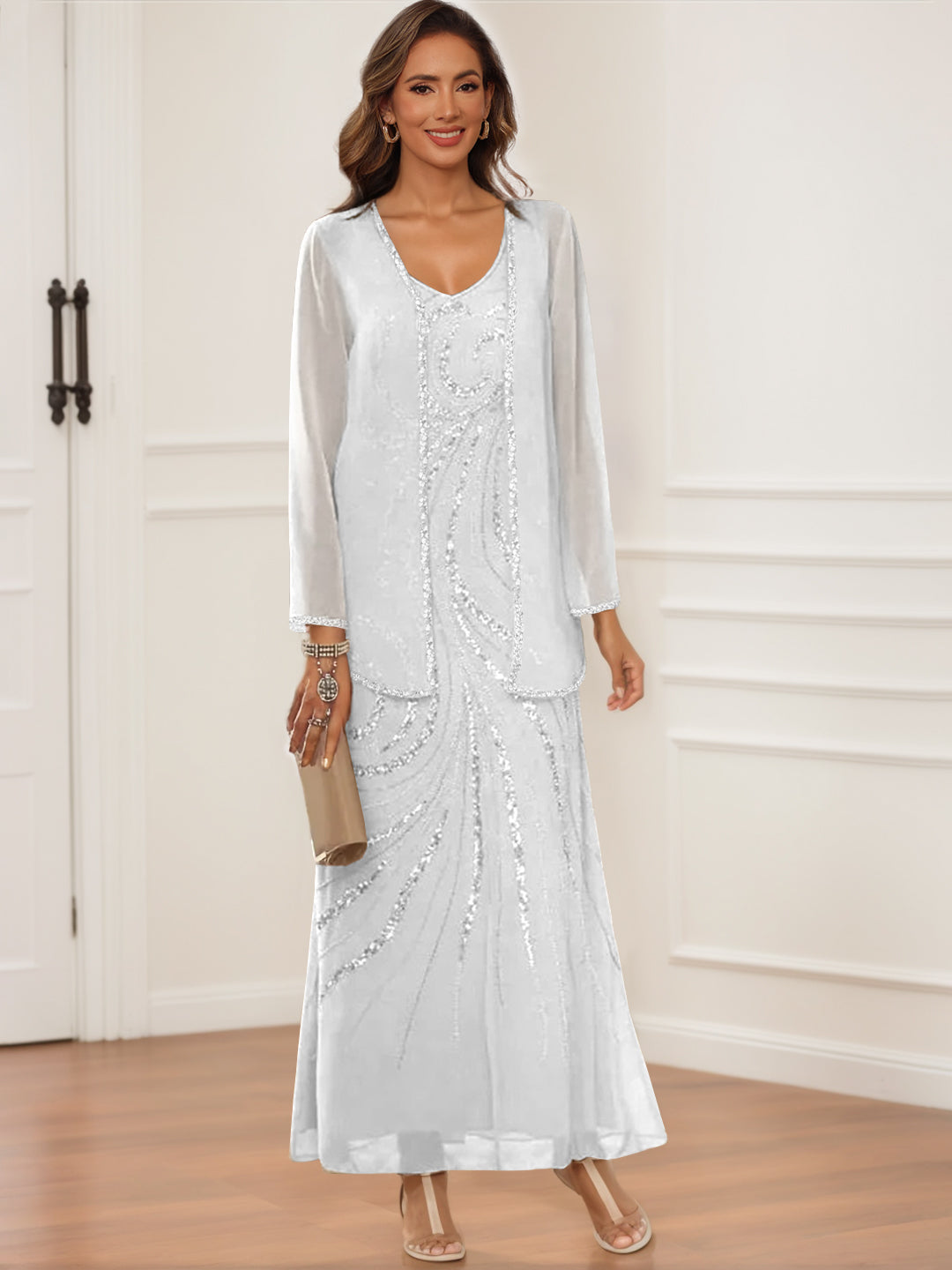Sheath Column V Neck Ankle Length Mother Of The Bride Groom Dresses With Jacket Sequins