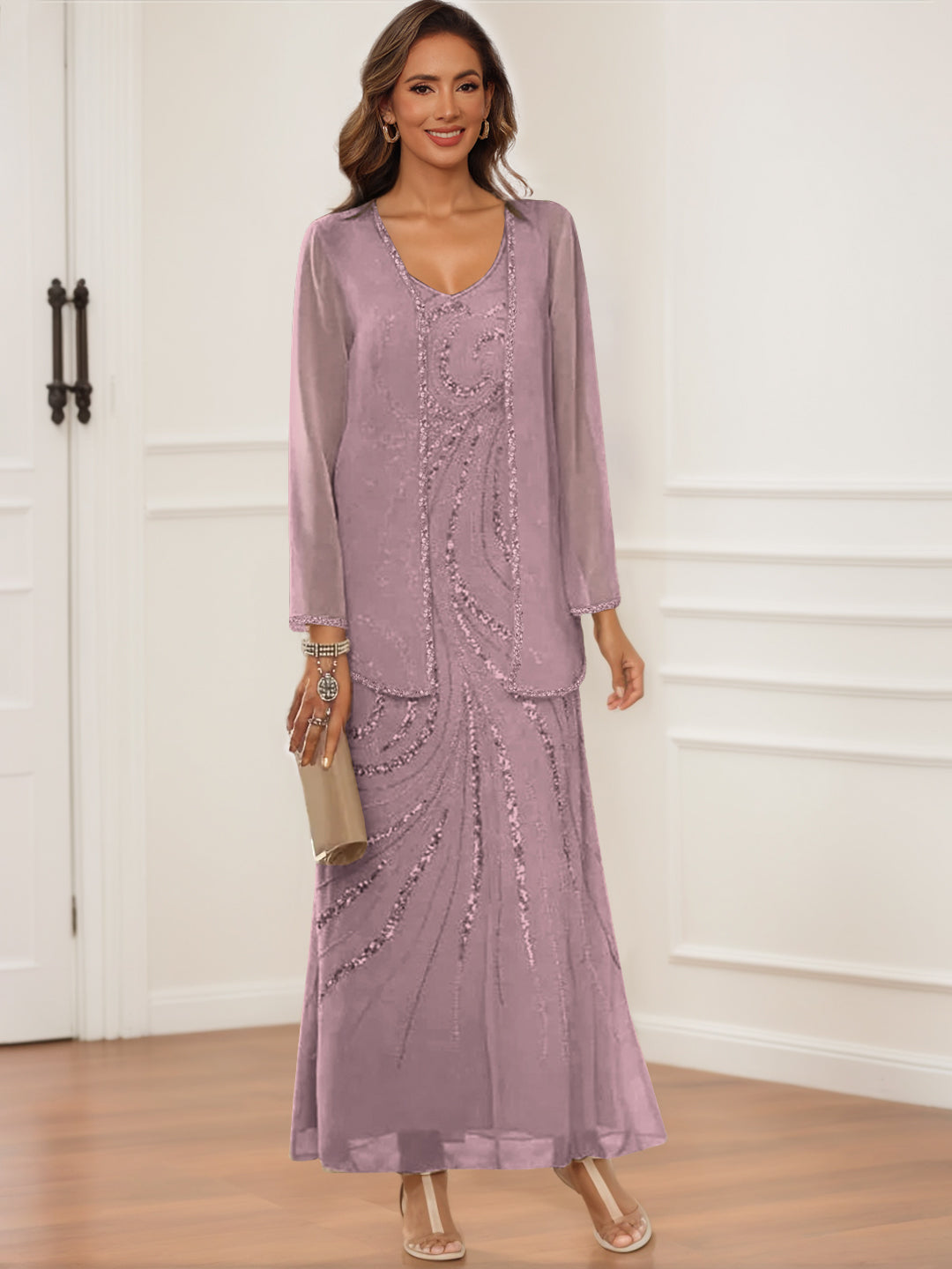 Sheath Column V Neck Ankle Length Mother Of The Bride Groom Dresses With Jacket Sequins