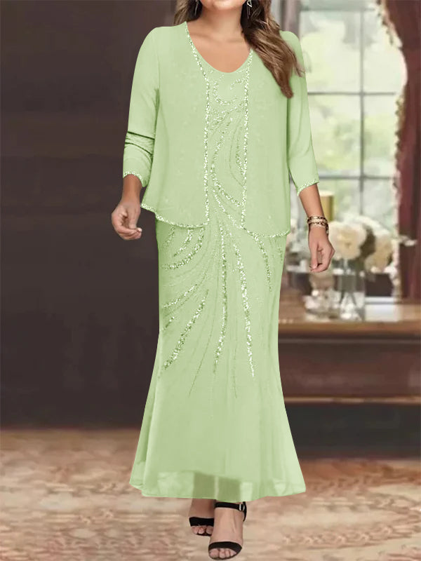 Sheath Column V Neck Ankle Length Plus Size Mother Of The Bride Dresses With Jacket Sequins Beading