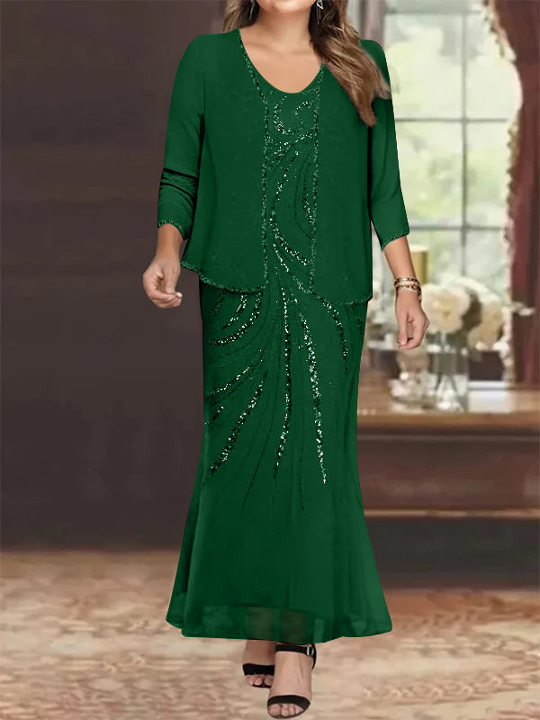 Sheath Column V Neck Ankle Length Plus Size Mother Of The Bride Dresses With Jacket Sequins Beading
