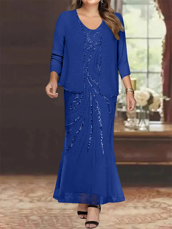 Sheath Column V Neck Ankle Length Plus Size Mother Of The Bride Dresses With Jacket Sequins Beading