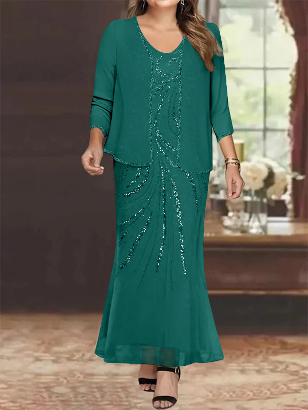 Sheath Column V Neck Ankle Length Plus Size Mother Of The Bride Dresses With Jacket Sequins Beading