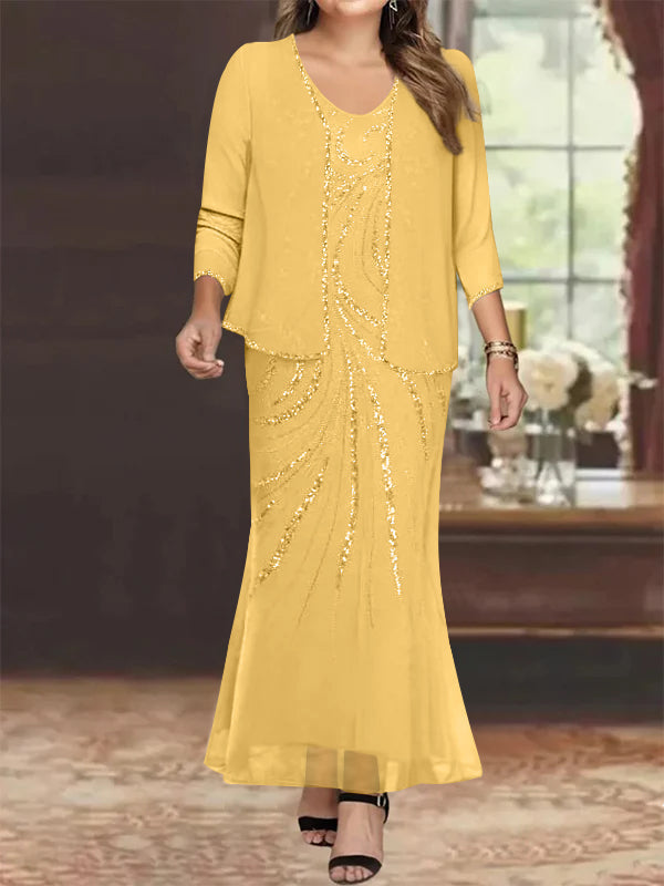 Sheath Column V Neck Ankle Length Plus Size Mother Of The Bride Dresses With Jacket Sequins Beading