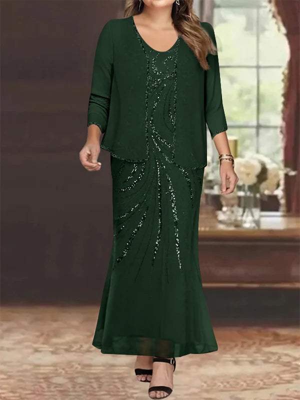 Sheath Column V Neck Ankle Length Plus Size Mother Of The Bride Dresses With Jacket Sequins Beading