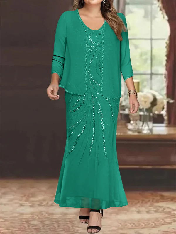 Sheath Column V Neck Ankle Length Plus Size Mother Of The Bride Dresses With Jacket Sequins Beading