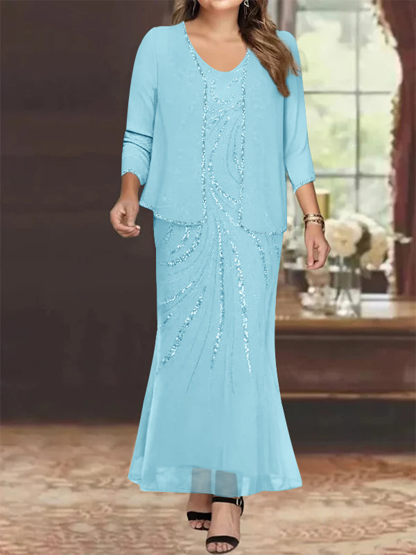 Sheath Column V Neck Ankle Length Plus Size Mother Of The Bride Dresses With Jacket Sequins Beading