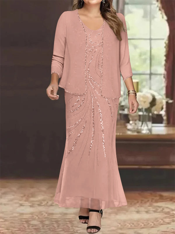 Sheath Column V Neck Ankle Length Plus Size Mother Of The Bride Dresses With Jacket Sequins Beading