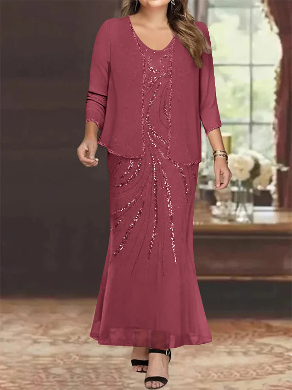 Sheath Column V Neck Ankle Length Plus Size Mother Of The Bride Dresses With Jacket Sequins Beading