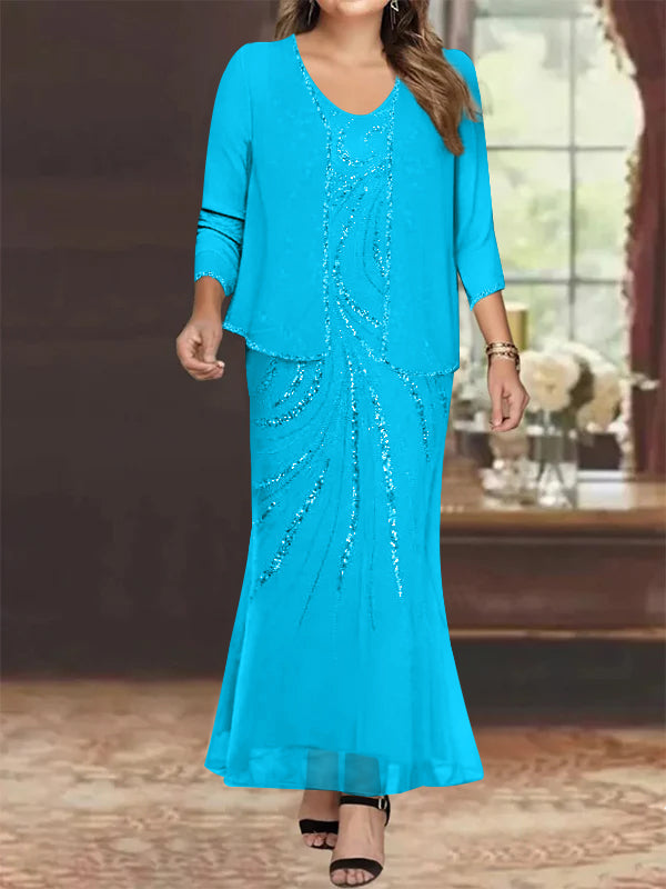 Sheath Column V Neck Ankle Length Plus Size Mother Of The Bride Dresses With Jacket Sequins Beading