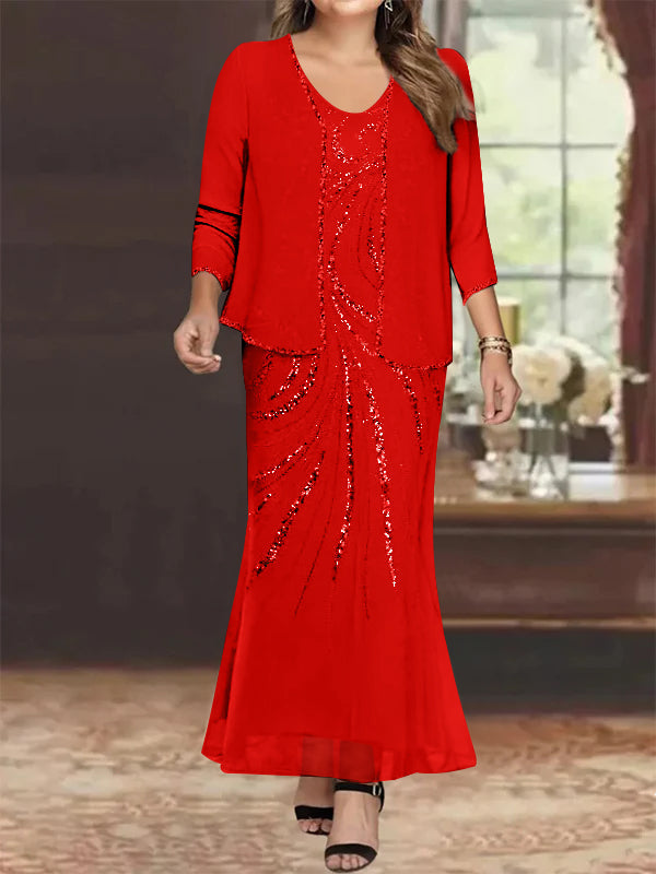 Sheath Column V Neck Ankle Length Plus Size Mother Of The Bride Dresses With Jacket Sequins Beading