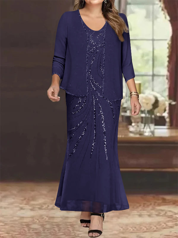 Sheath Column V Neck Ankle Length Plus Size Mother Of The Bride Dresses With Jacket Sequins Beading