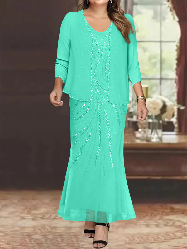 Sheath Column V Neck Ankle Length Plus Size Mother Of The Bride Dresses With Jacket Sequins Beading