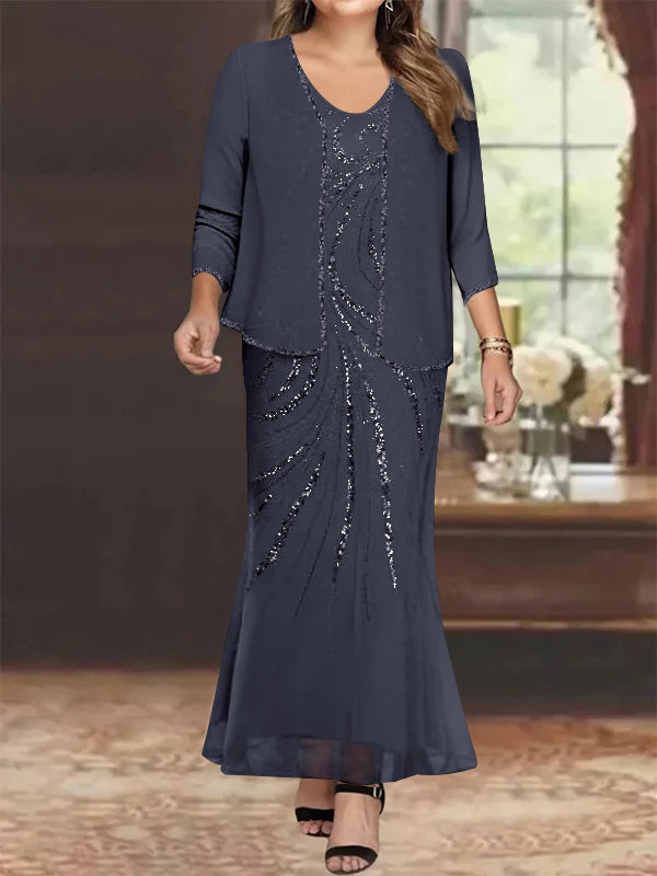 Sheath Column V Neck Ankle Length Plus Size Mother Of The Bride Dresses With Jacket Sequins Beading