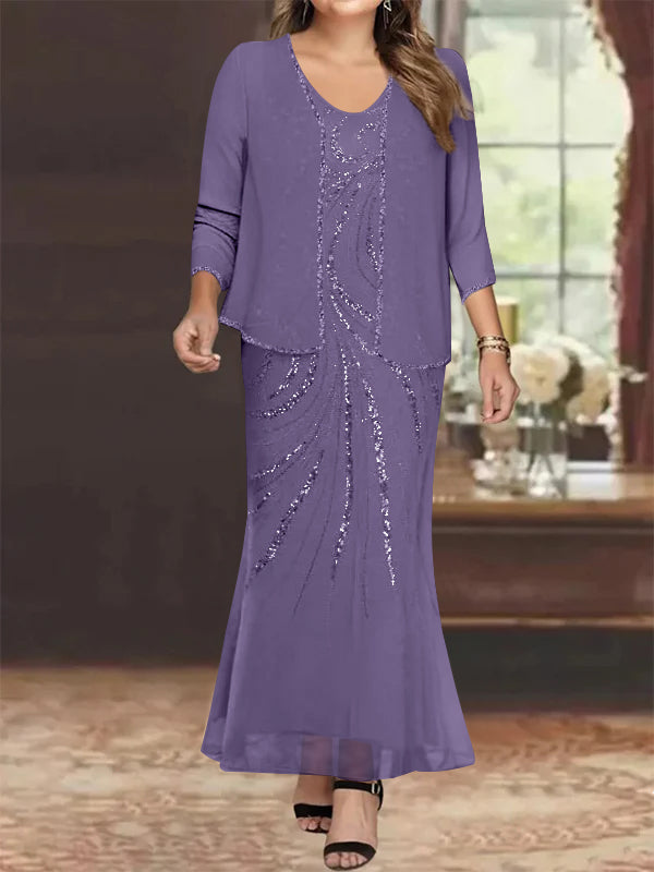Sheath Column V Neck Ankle Length Plus Size Mother Of The Bride Dresses With Jacket Sequins Beading