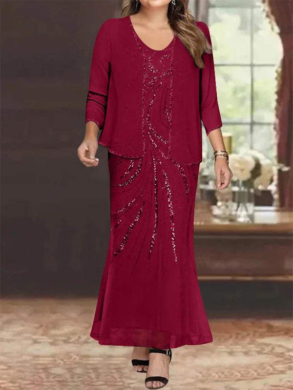 Sheath Column V Neck Ankle Length Plus Size Mother Of The Bride Dresses With Jacket Sequins Beading