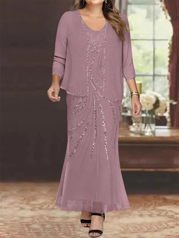 Sheath Column V Neck Ankle Length Plus Size Mother Of The Bride Dresses With Jacket Sequins Beading