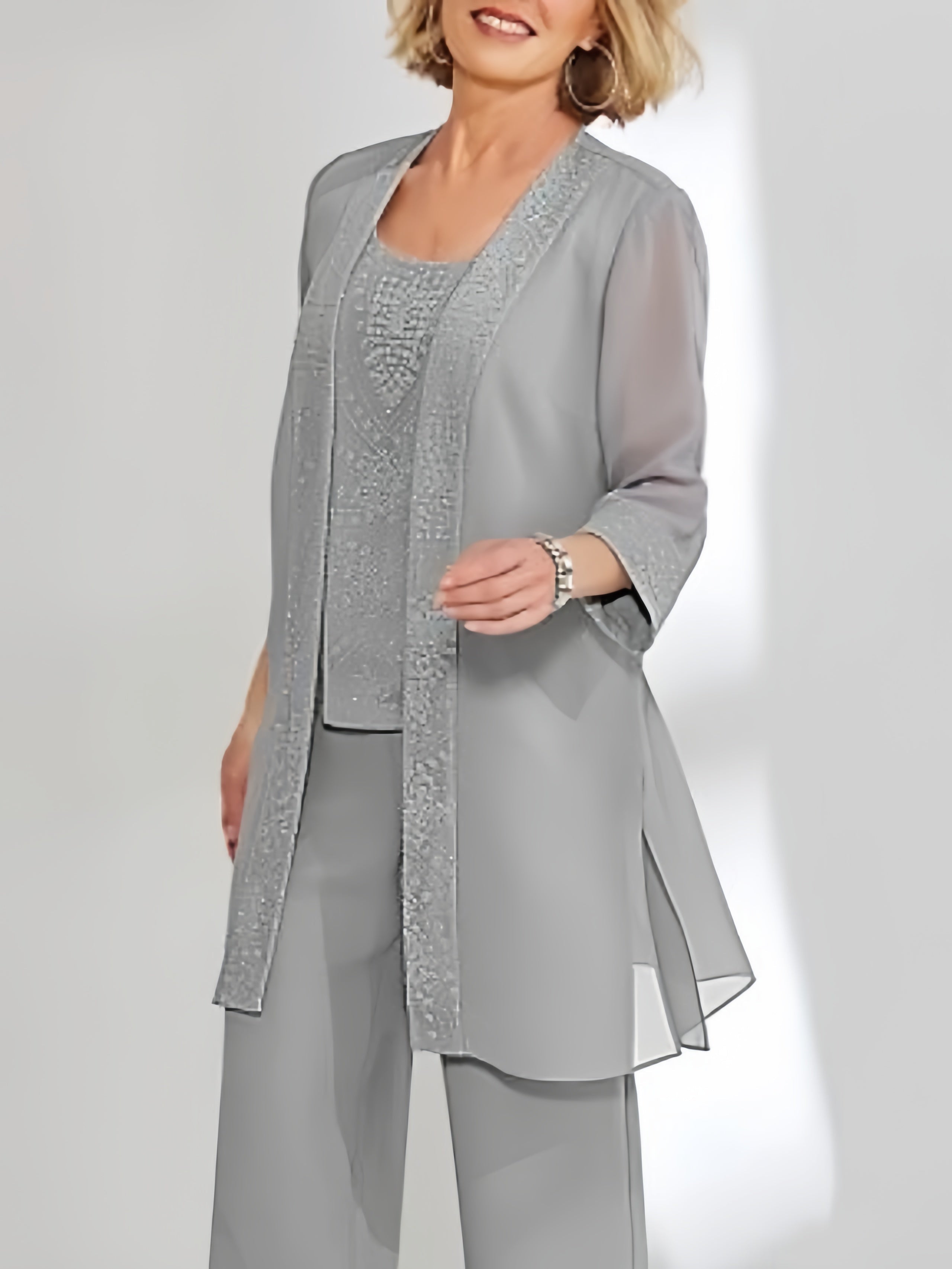 Chiffon Sequins Scoop Ankle Length Mother Of The Bride Pantsuits With Jacket