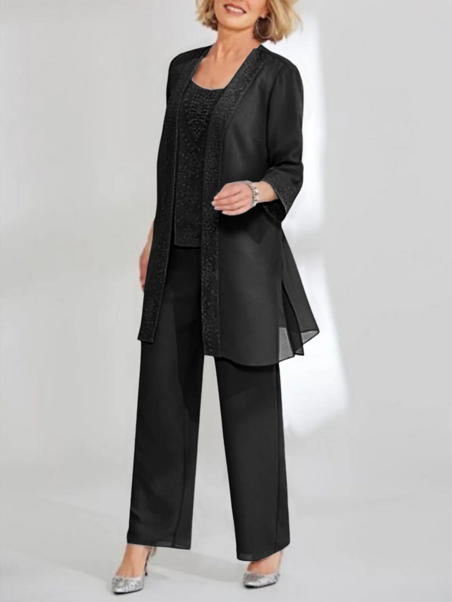 Chiffon Sequins Scoop Ankle Length Mother Of The Bride Pantsuits With Jacket