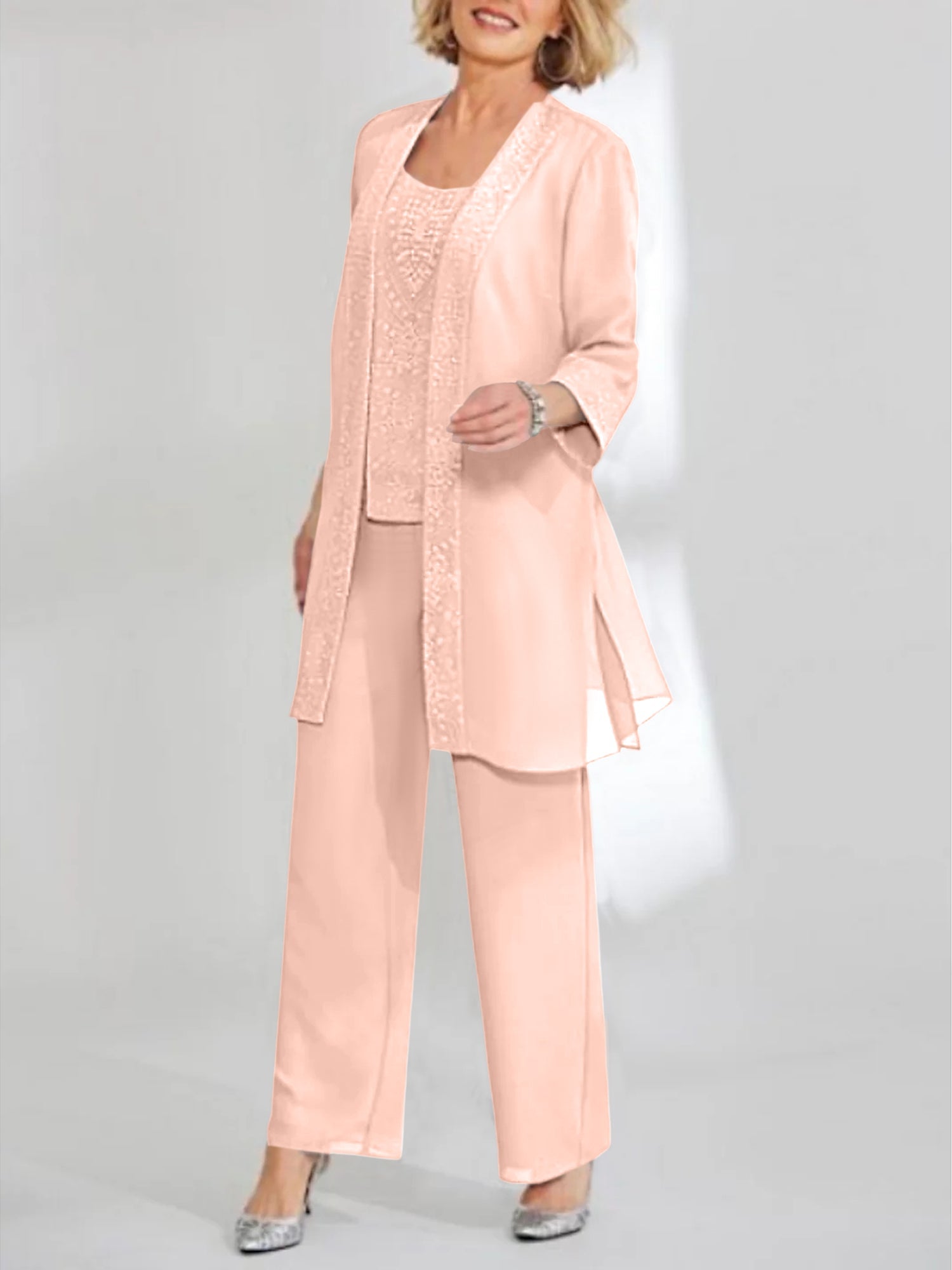 Chiffon Sequins Scoop Ankle Length Mother Of The Bride Pantsuits With Jacket
