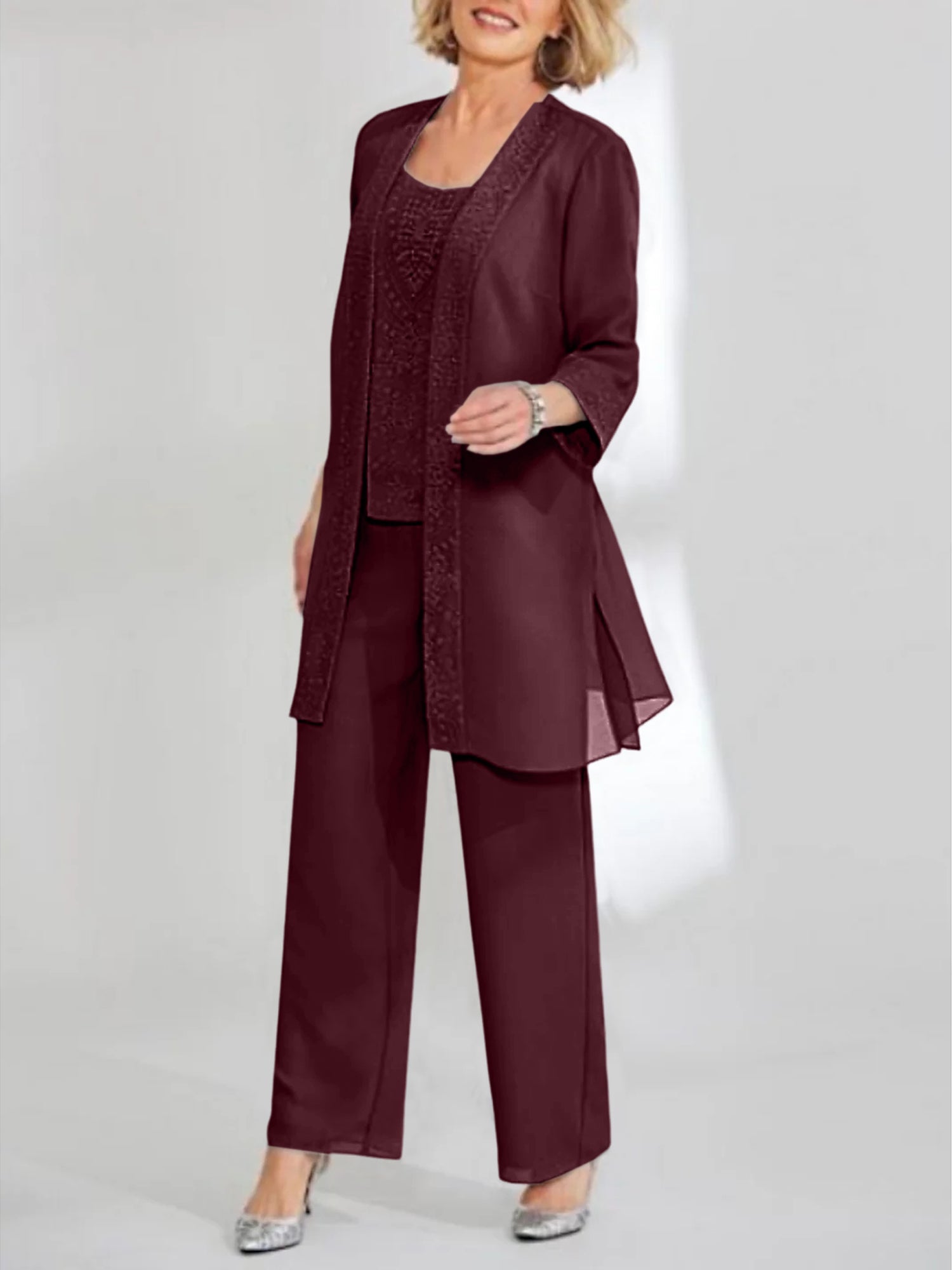 Chiffon Sequins Scoop Ankle Length Mother Of The Bride Pantsuits With Jacket