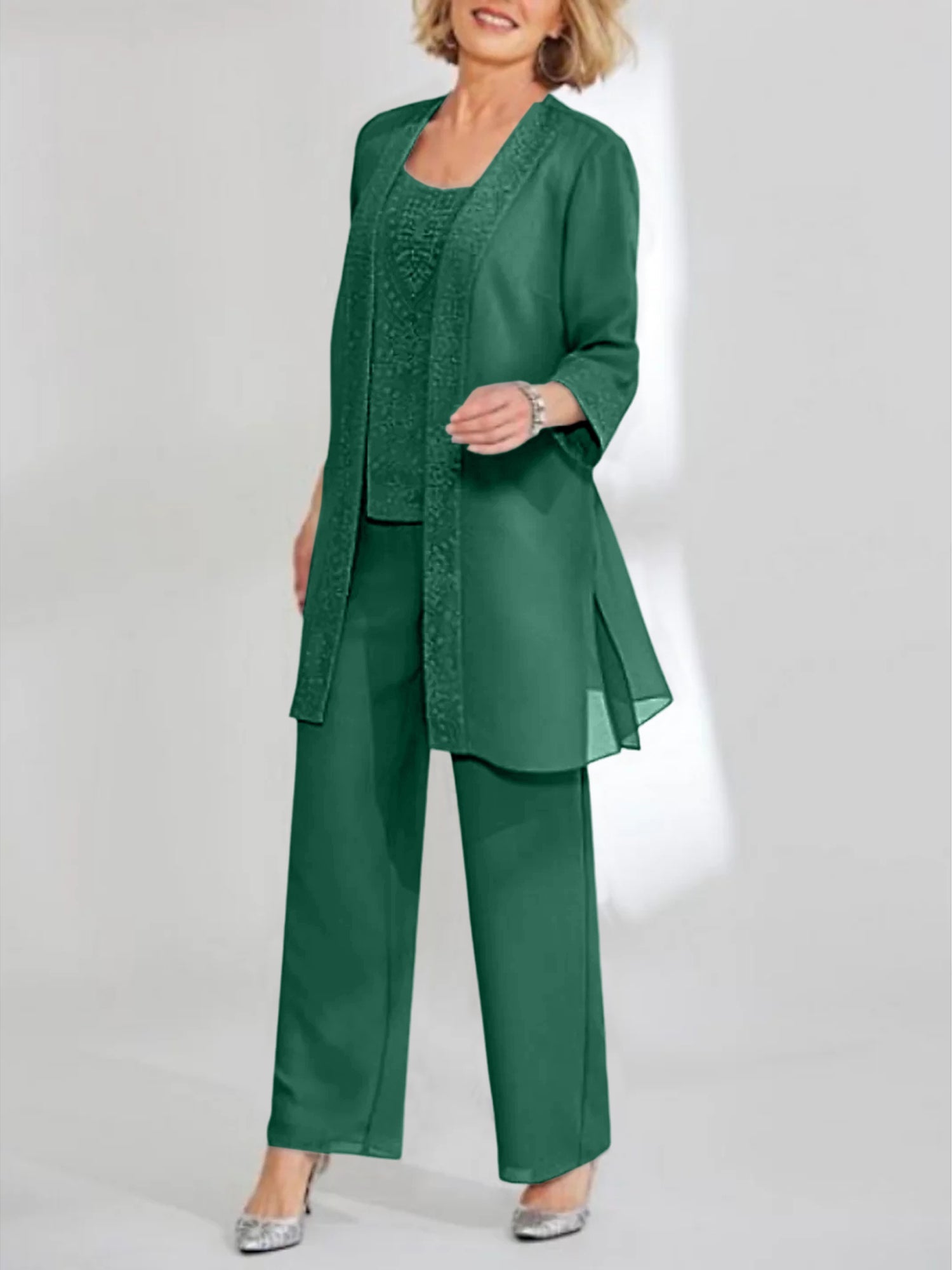 Chiffon Sequins Scoop Ankle Length Mother Of The Bride Pantsuits With Jacket