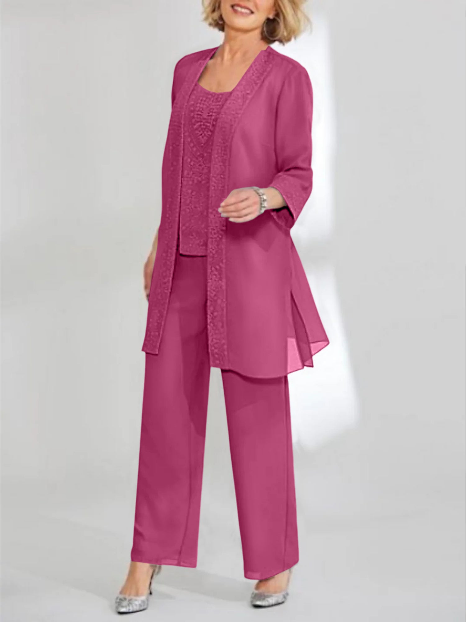 Chiffon Sequins Scoop Ankle Length Mother Of The Bride Pantsuits With Jacket
