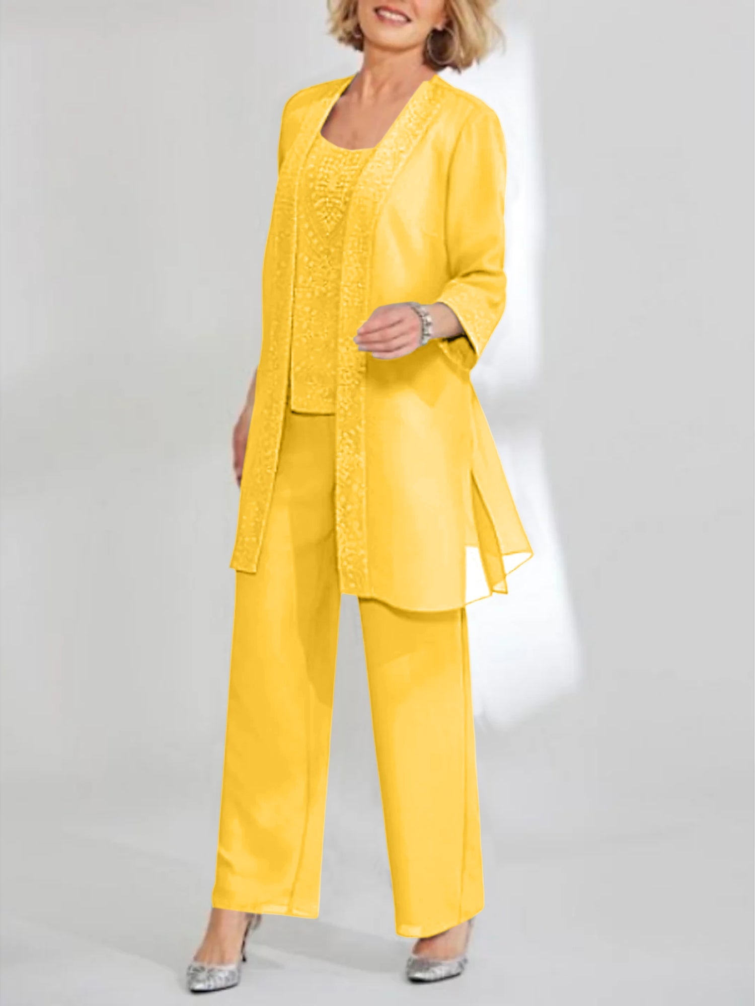 Chiffon Sequins Scoop Ankle Length Mother Of The Bride Pantsuits With Jacket