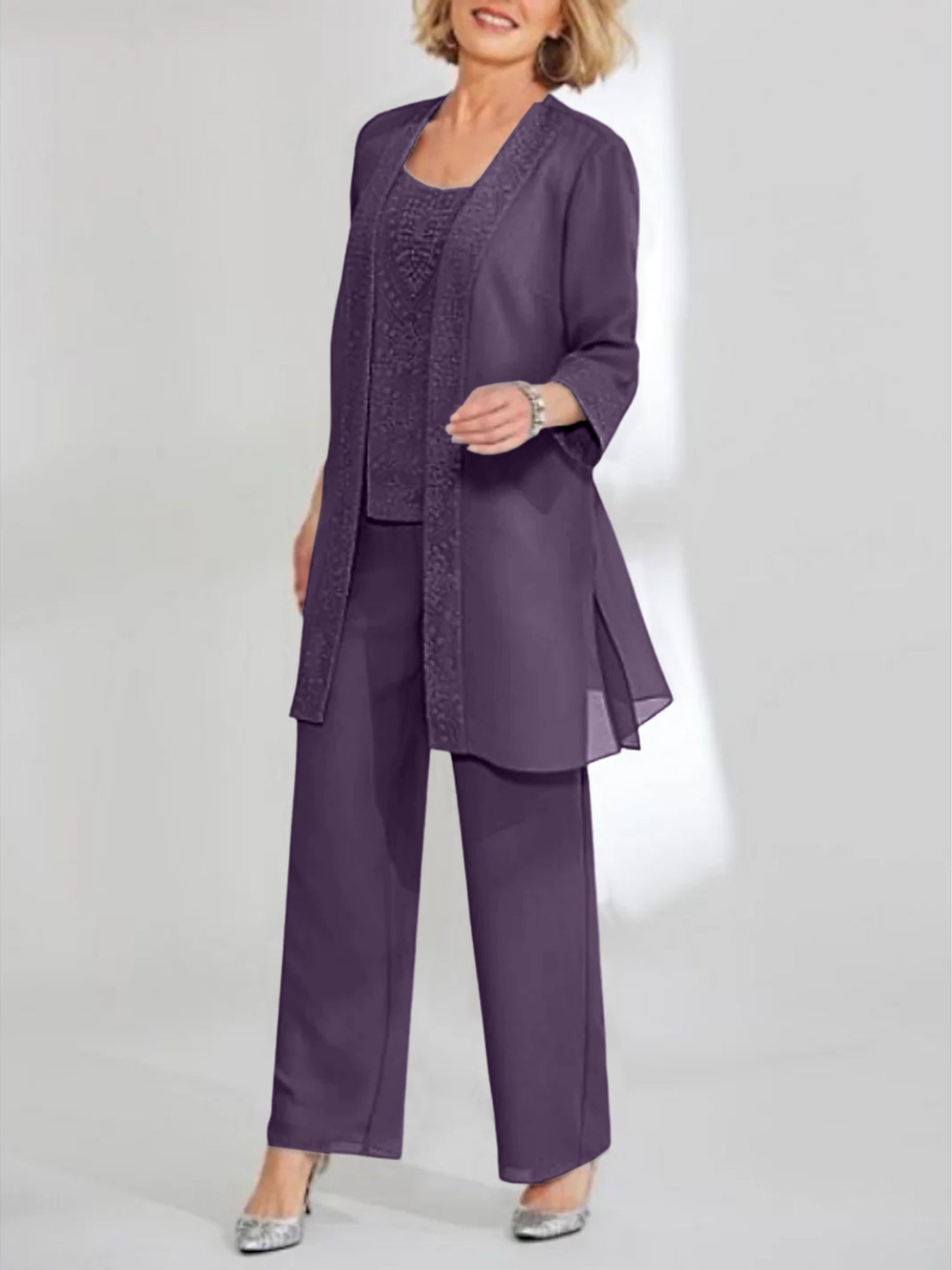 Chiffon Sequins Scoop Ankle Length Mother Of The Bride Pantsuits With Jacket