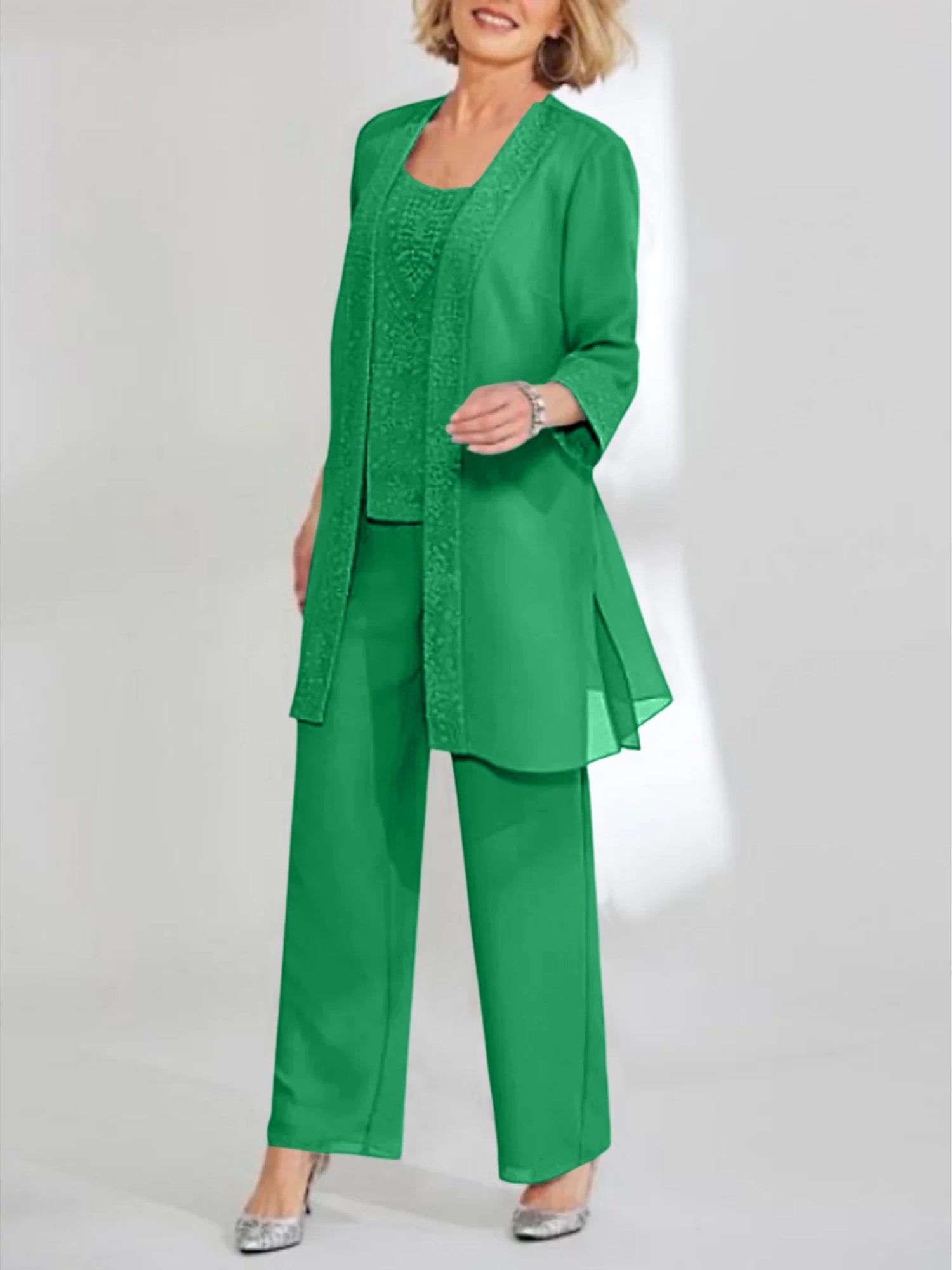 Chiffon Sequins Scoop Ankle Length Mother Of The Bride Pantsuits With Jacket