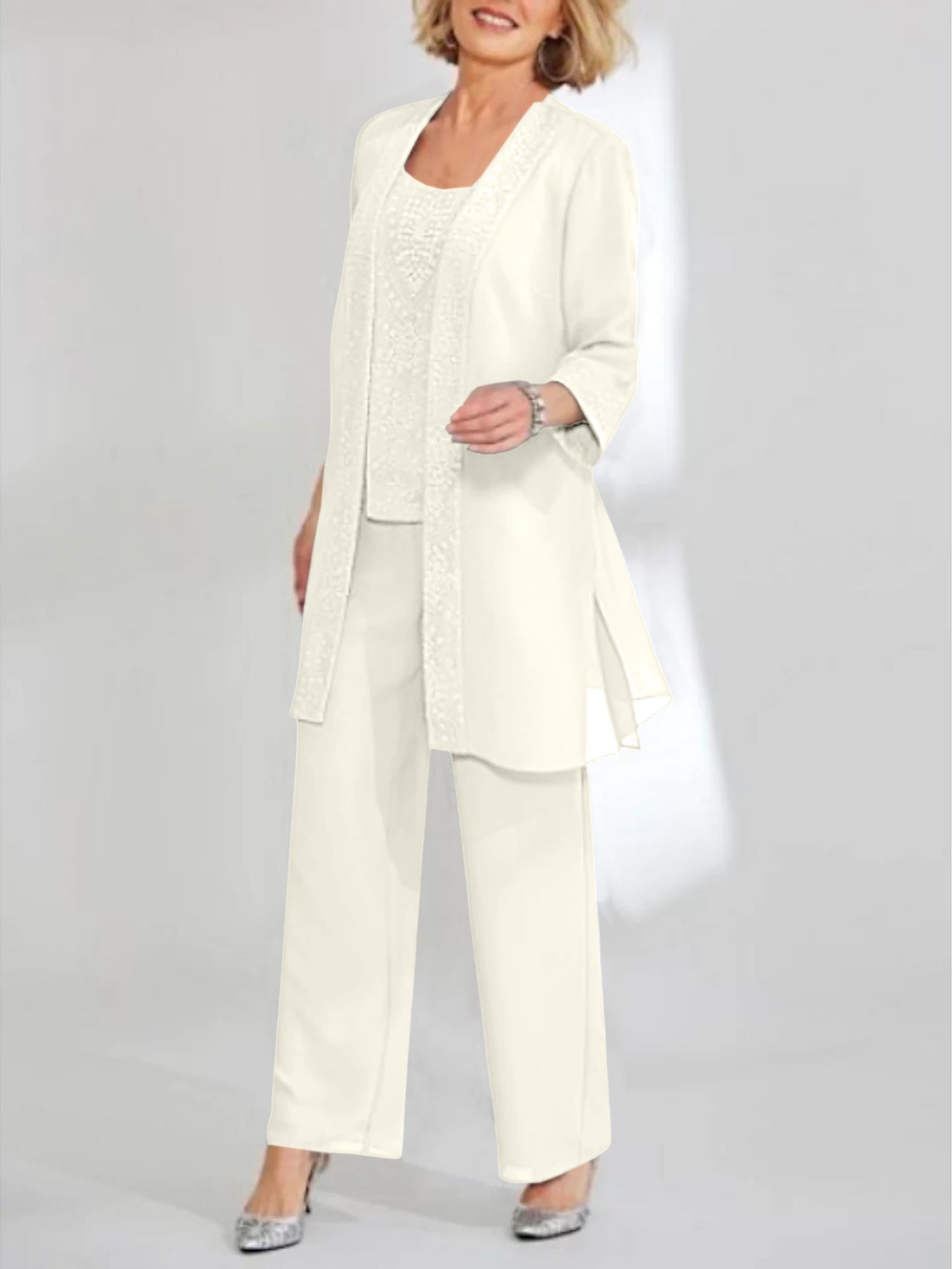 Chiffon Sequins Scoop Ankle Length Mother Of The Bride Pantsuits With Jacket