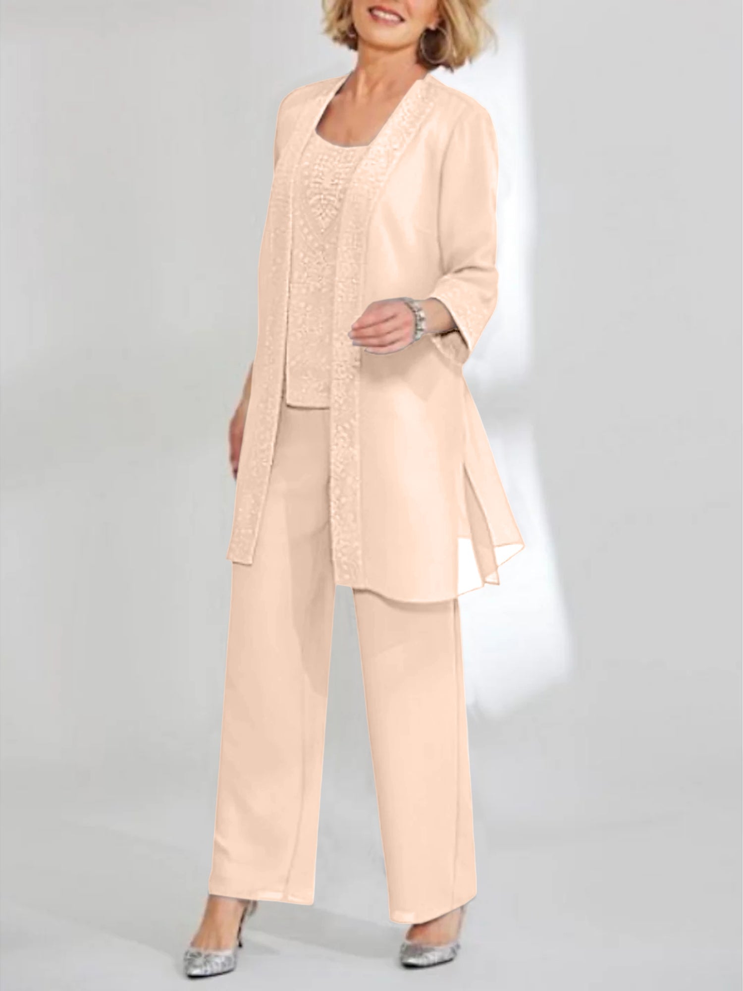 Chiffon Sequins Scoop Ankle Length Mother Of The Bride Pantsuits With Jacket