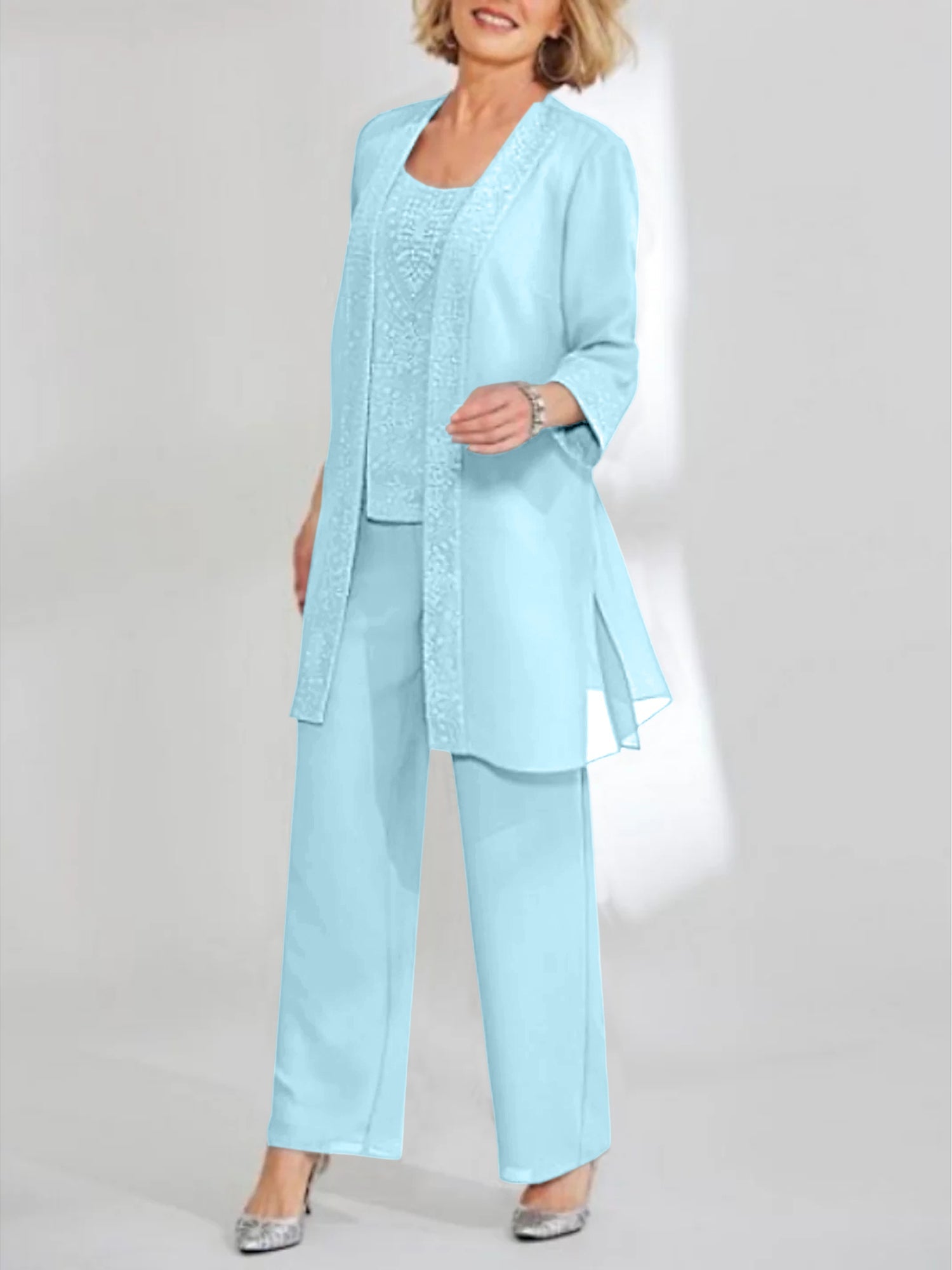 Chiffon Sequins Scoop Ankle Length Mother Of The Bride Pantsuits With Jacket
