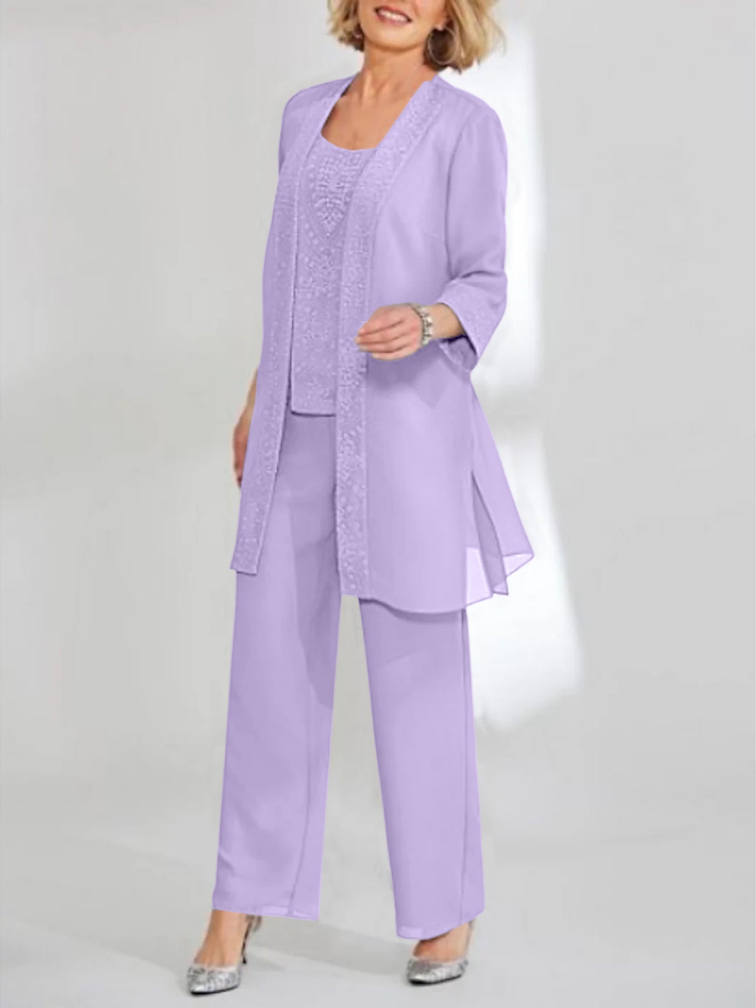 Chiffon Sequins Scoop Ankle Length Mother Of The Bride Pantsuits With Jacket