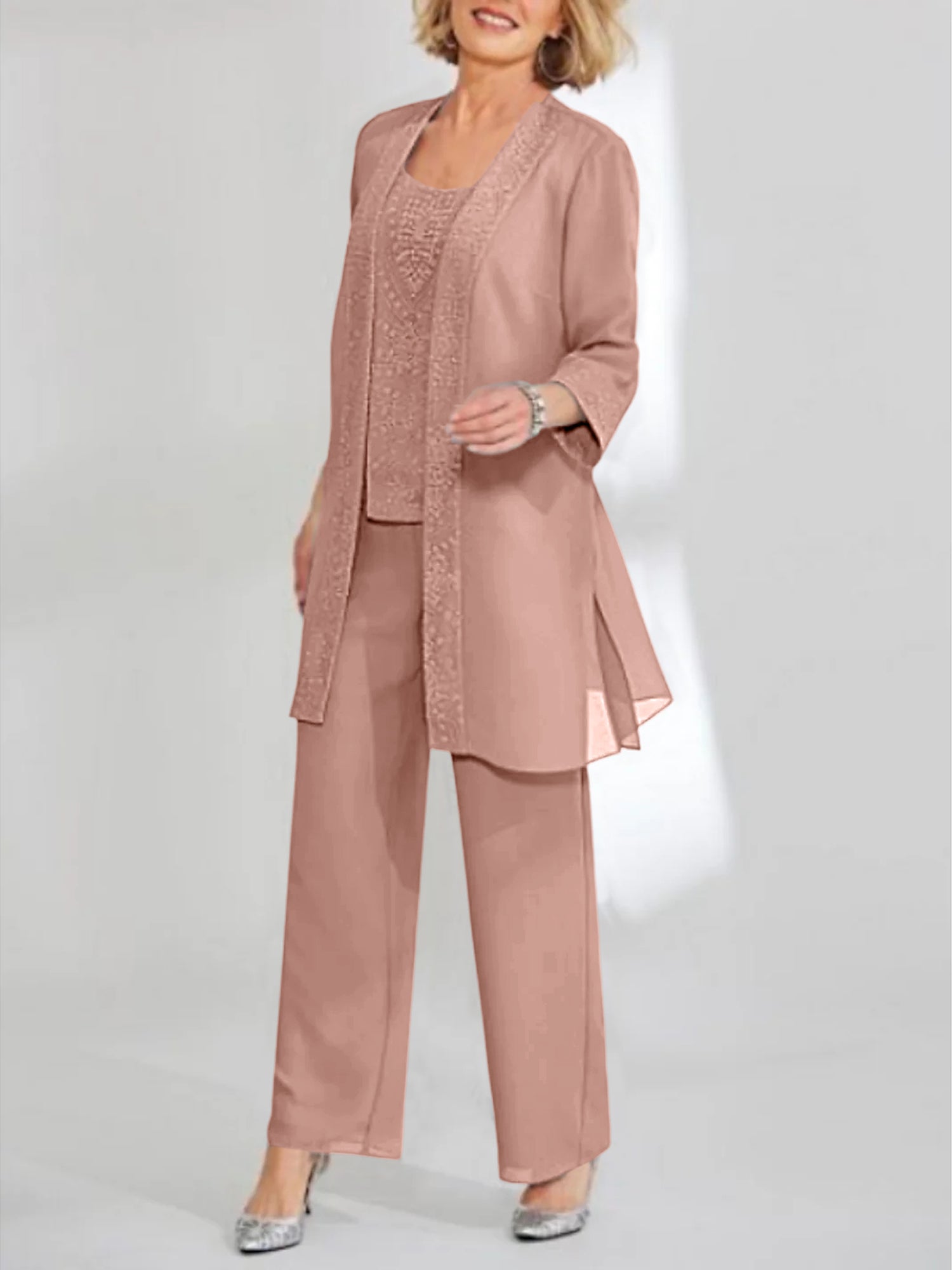 Chiffon Sequins Scoop Ankle Length Mother Of The Bride Pantsuits With Jacket