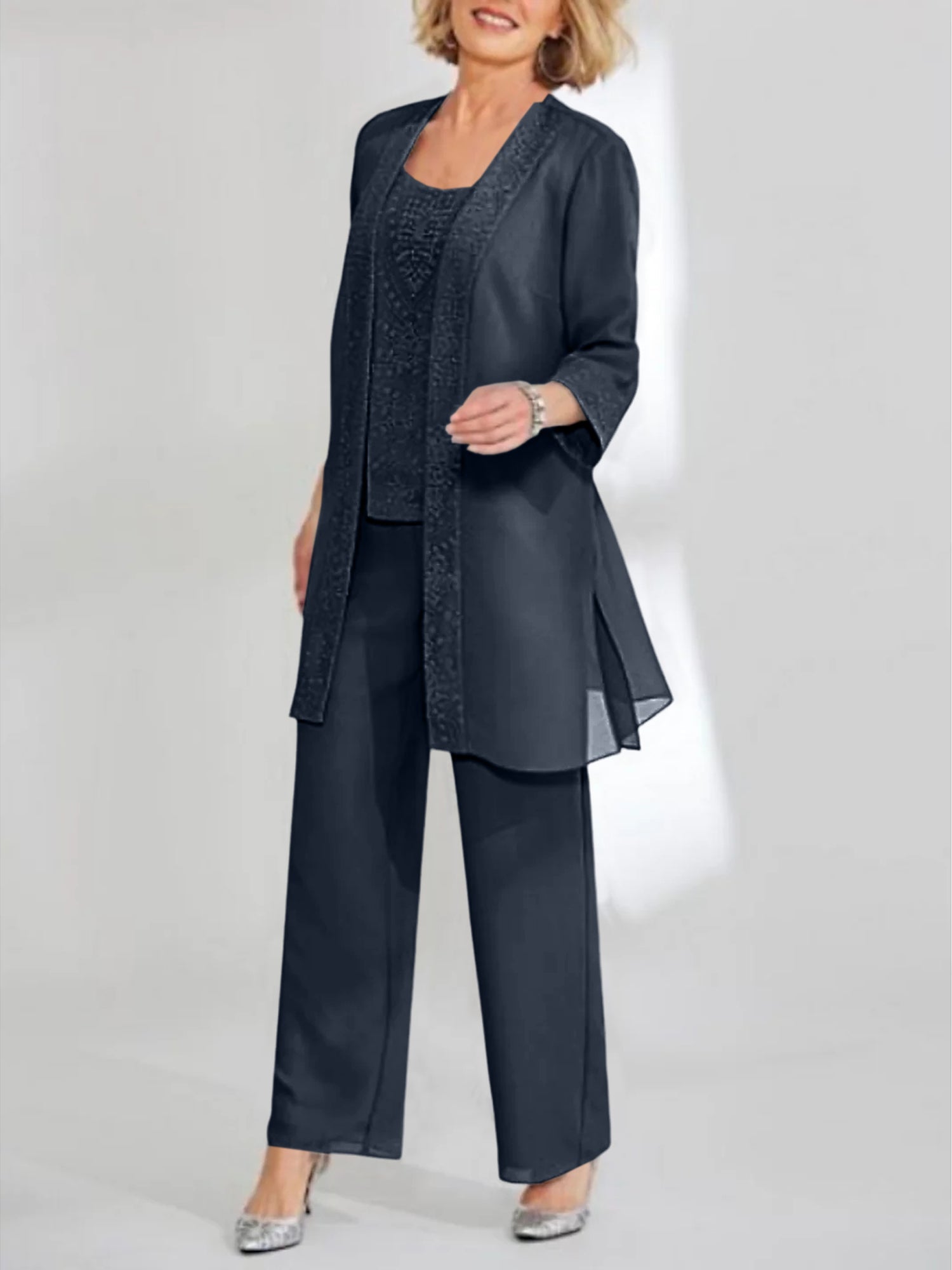 Chiffon Sequins Scoop Ankle Length Mother Of The Bride Pantsuits With Jacket