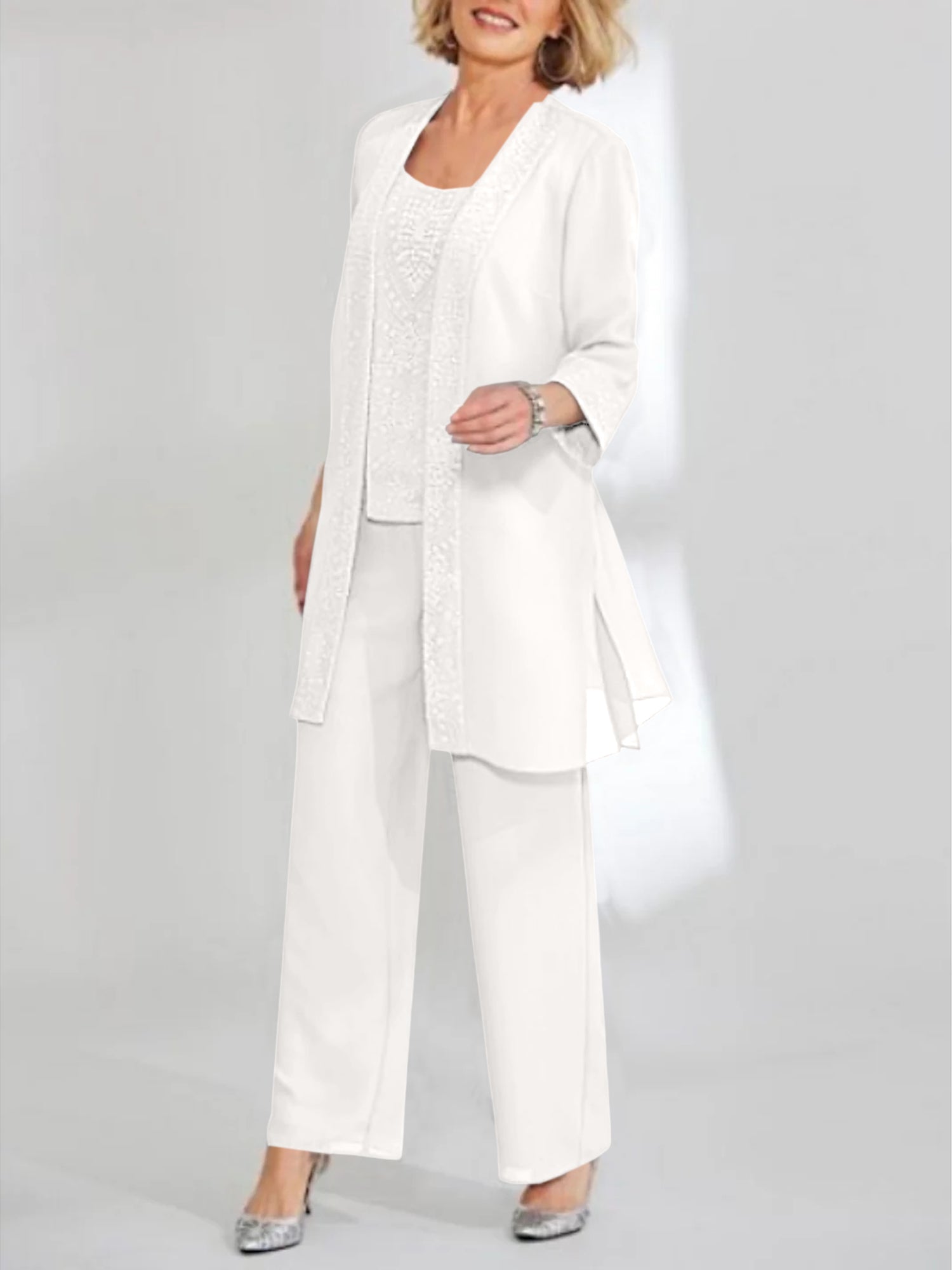 Chiffon Sequins Scoop Ankle Length Mother Of The Bride Pantsuits With Jacket