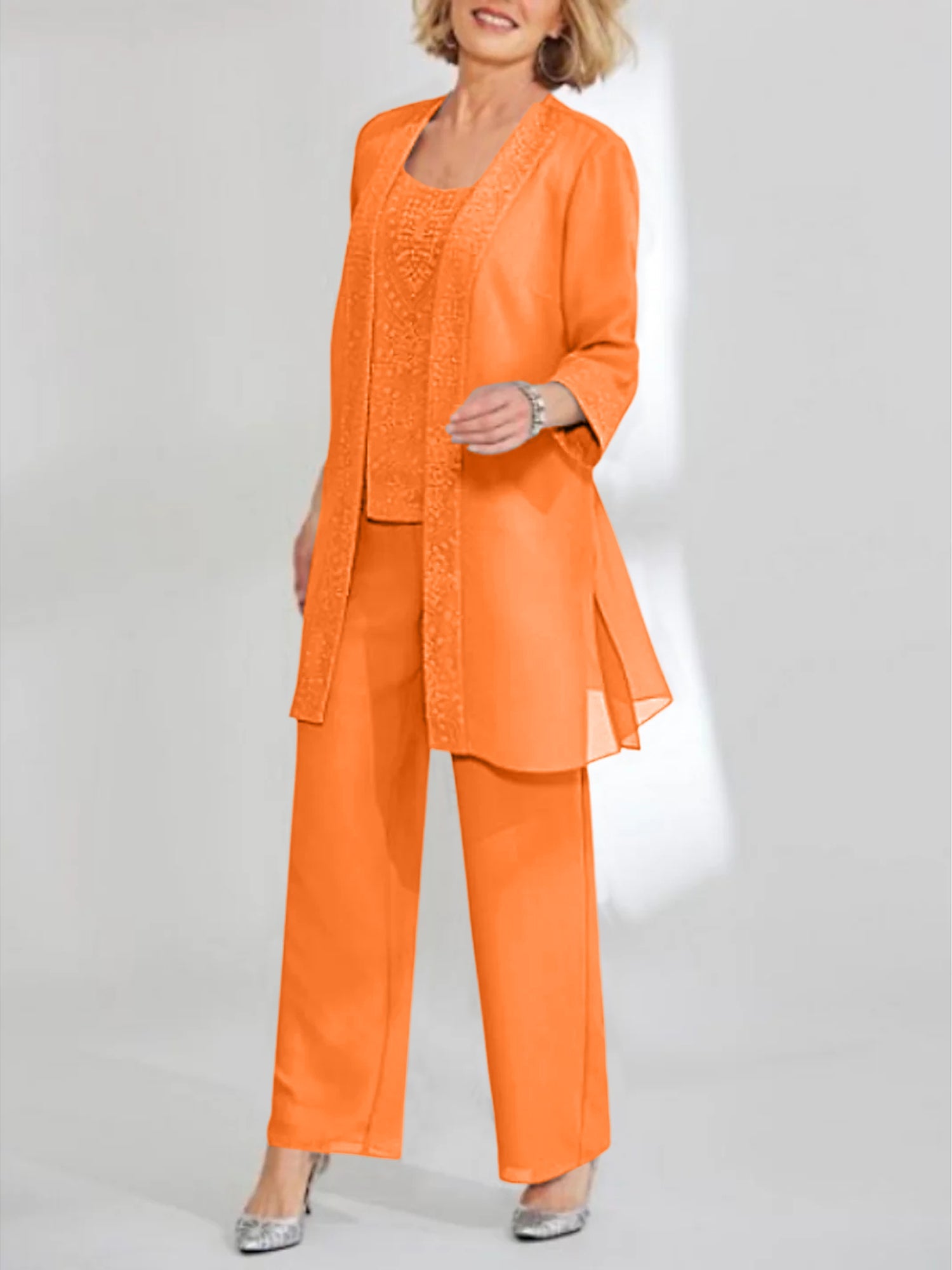 Chiffon Sequins Scoop Ankle Length Mother Of The Bride Pantsuits With Jacket