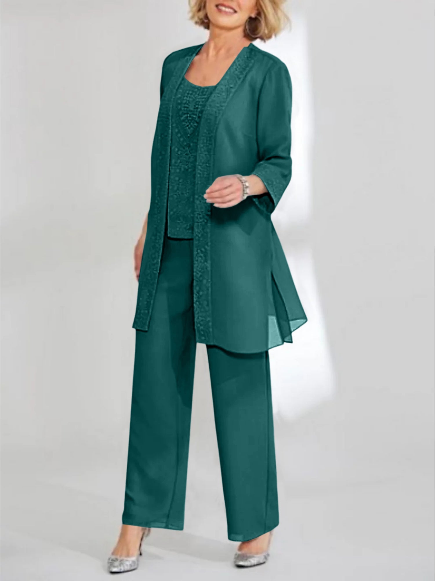Chiffon Sequins Scoop Ankle Length Mother Of The Bride Pantsuits With Jacket