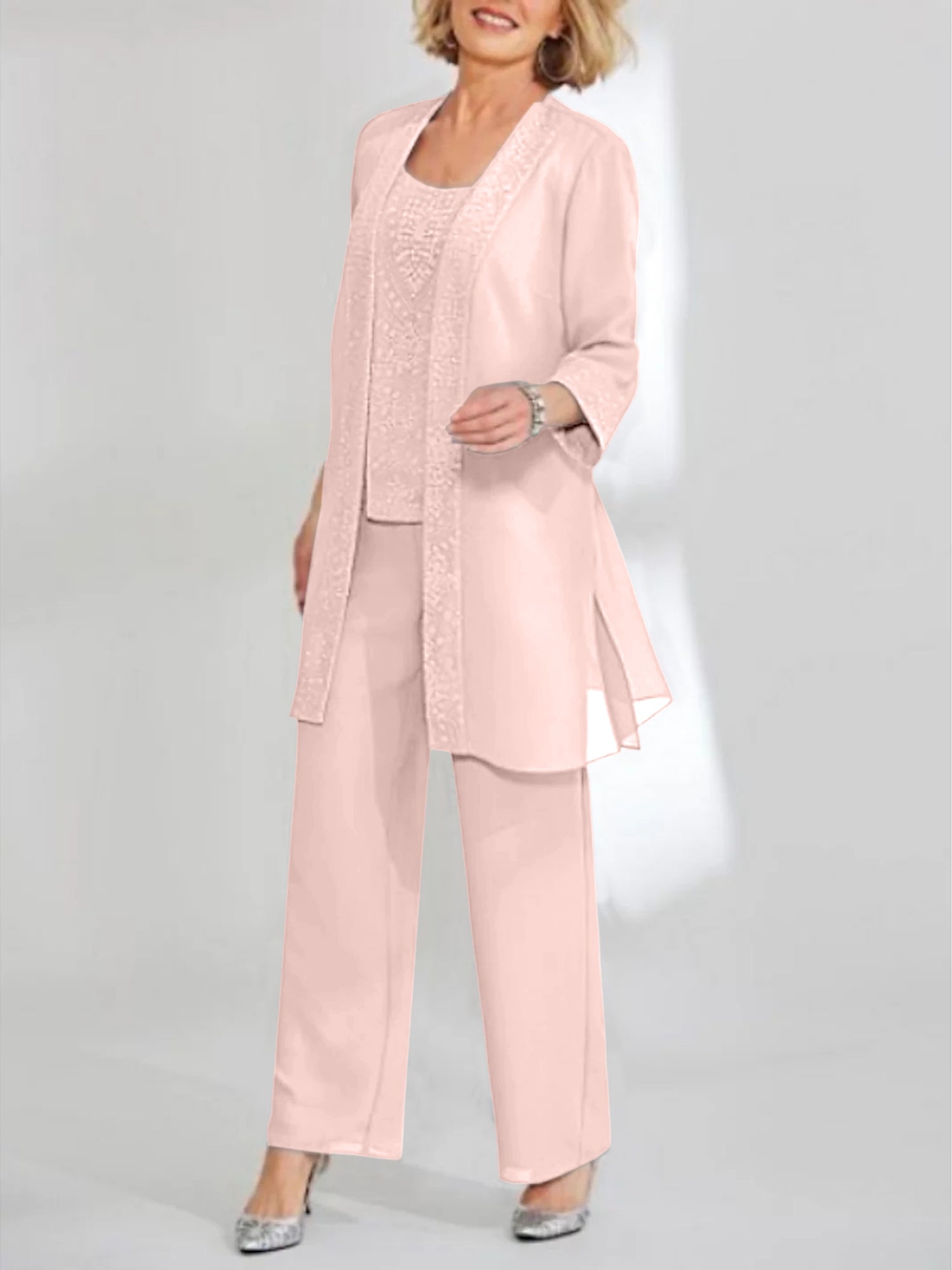 Chiffon Sequins Scoop Ankle Length Mother Of The Bride Pantsuits With Jacket