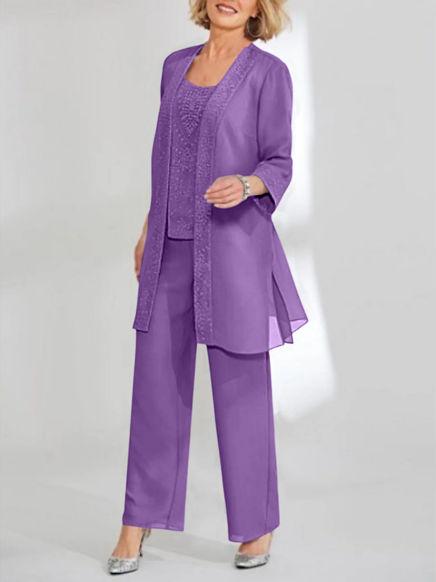 Chiffon Sequins Scoop Ankle Length Mother Of The Bride Pantsuits With Jacket