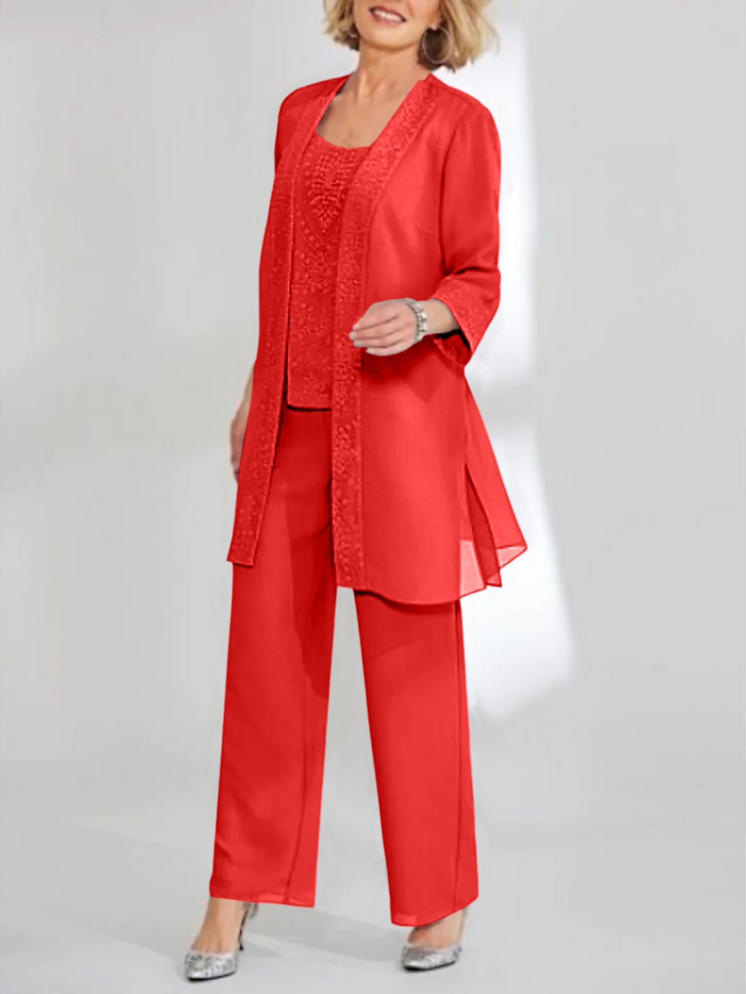 Chiffon Sequins Scoop Ankle Length Mother Of The Bride Pantsuits With Jacket