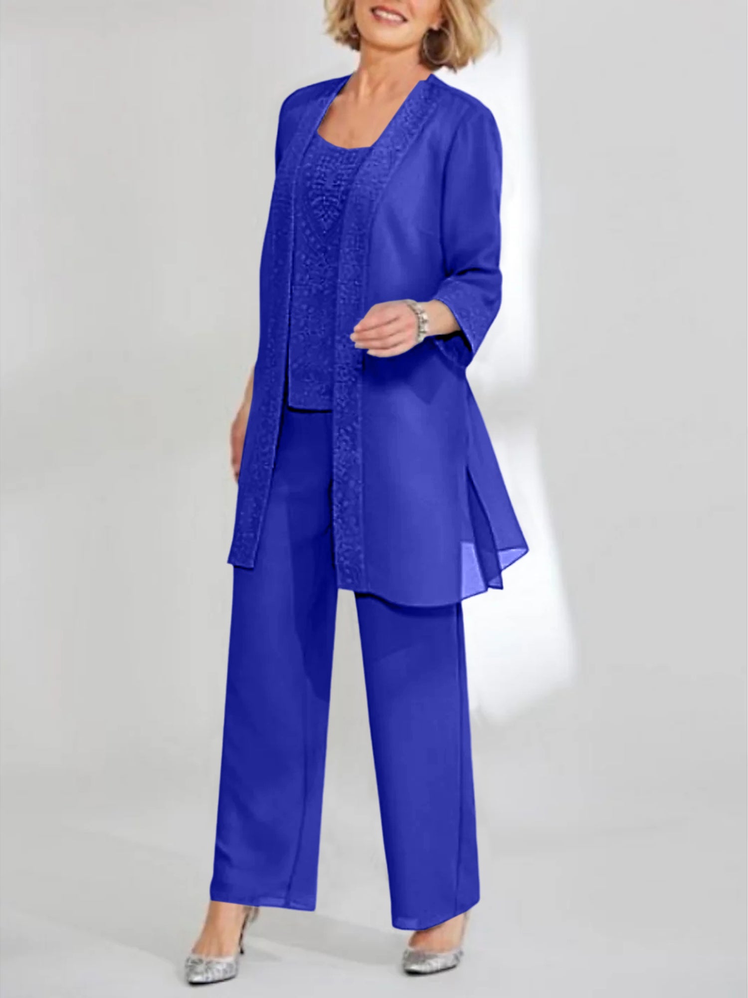 Chiffon Sequins Scoop Ankle Length Mother Of The Bride Pantsuits With Jacket