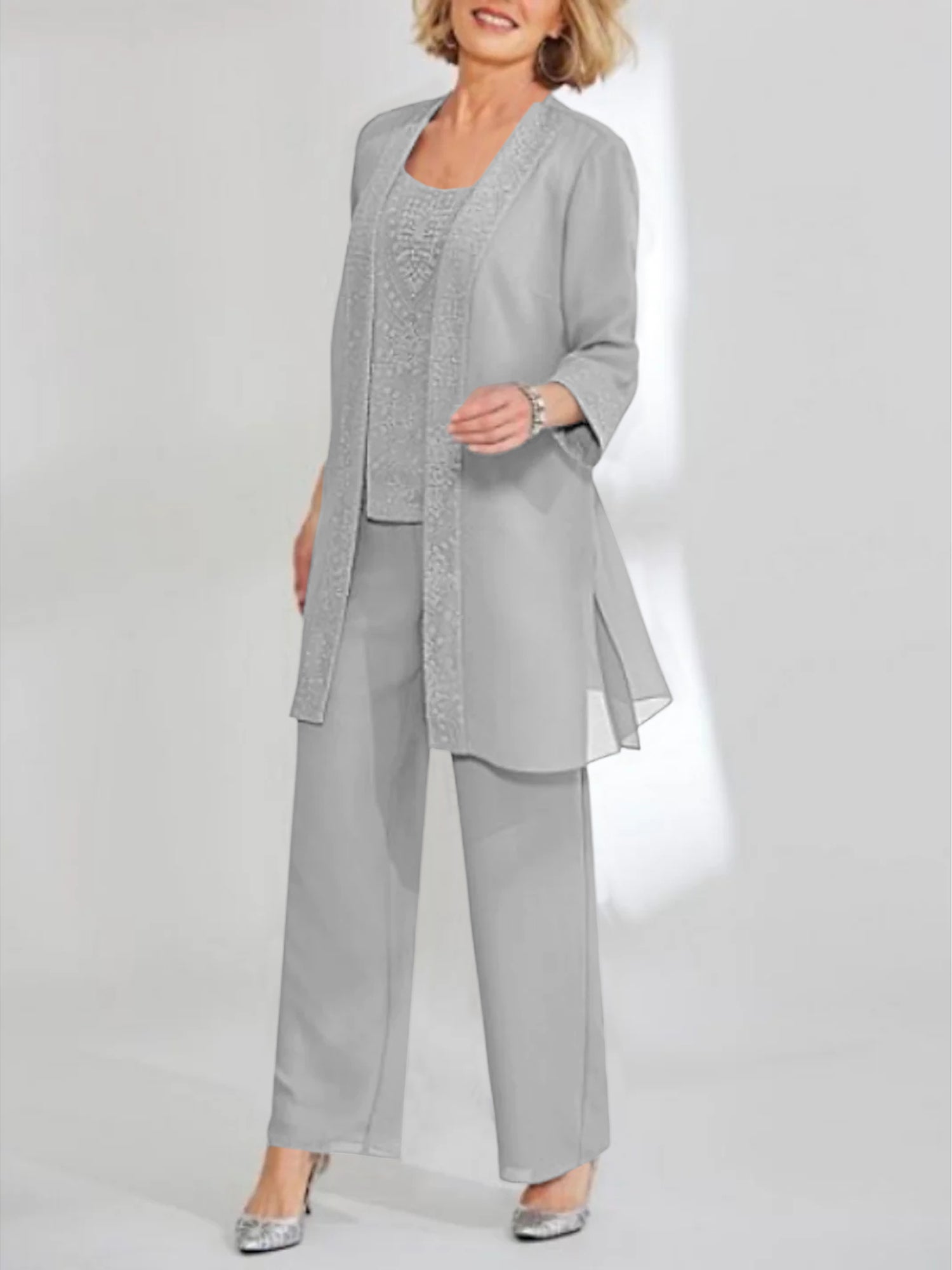 Chiffon Sequins Scoop Ankle Length Mother Of The Bride Pantsuits With Jacket