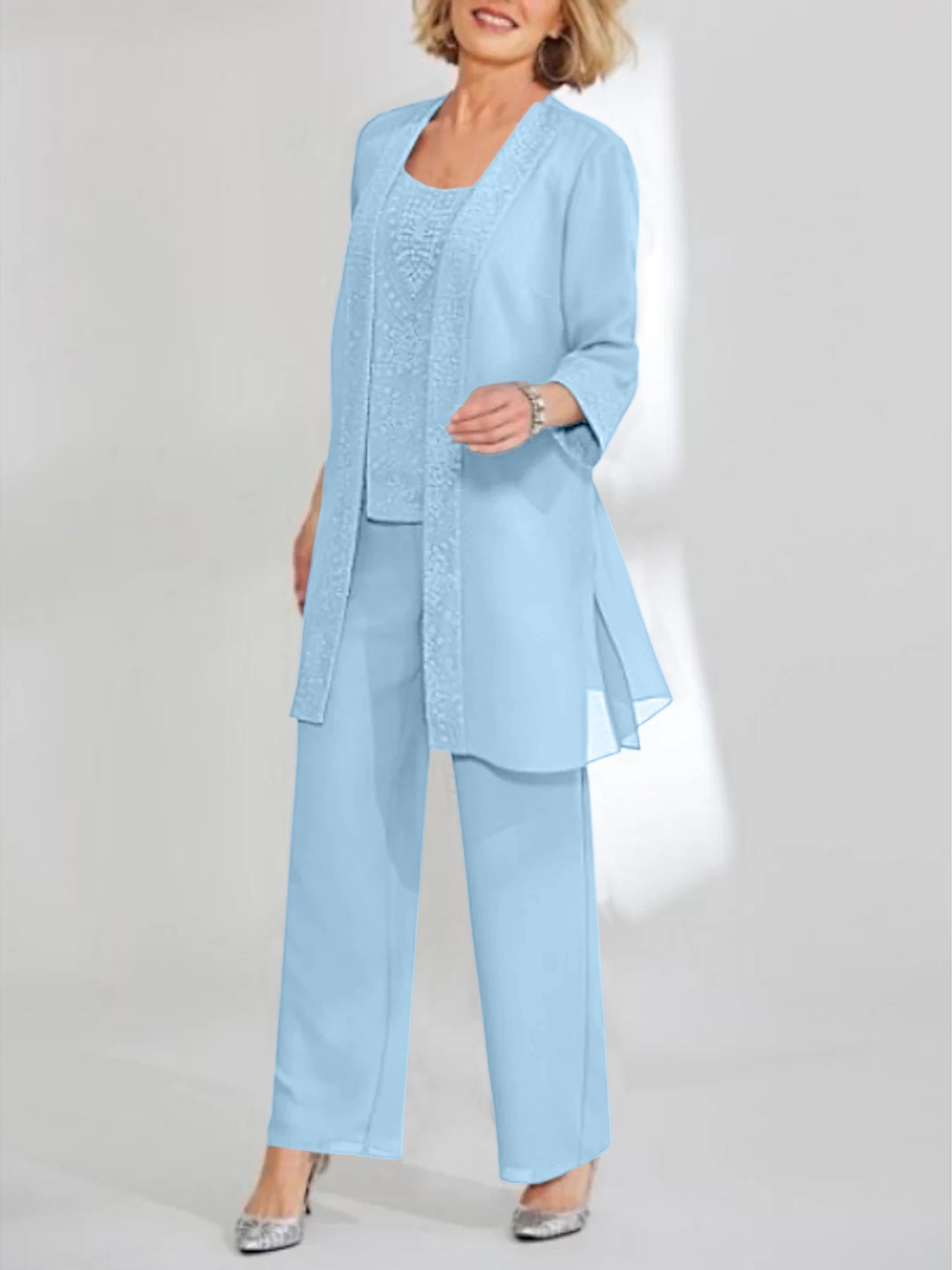 Chiffon Sequins Scoop Ankle Length Mother Of The Bride Pantsuits With Jacket