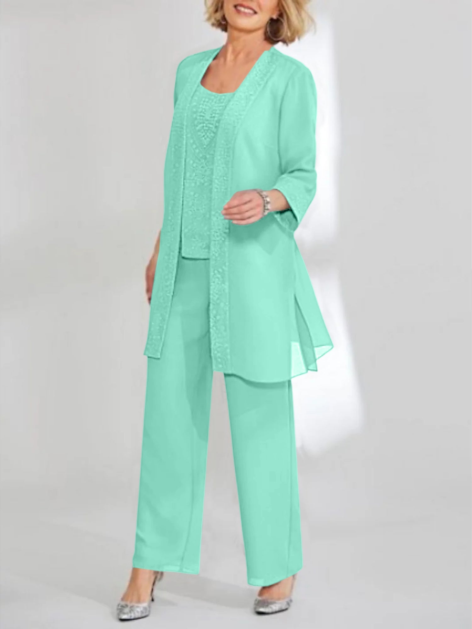 Chiffon Sequins Scoop Ankle Length Mother Of The Bride Pantsuits With Jacket