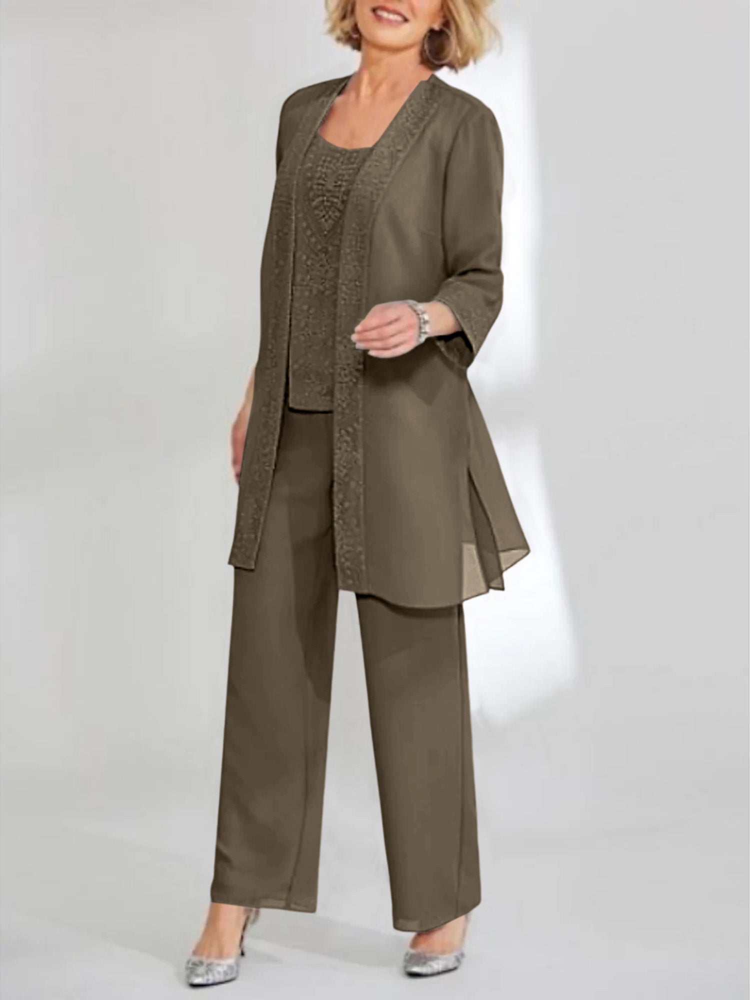 Chiffon Sequins Scoop Ankle Length Mother Of The Bride Pantsuits With Jacket
