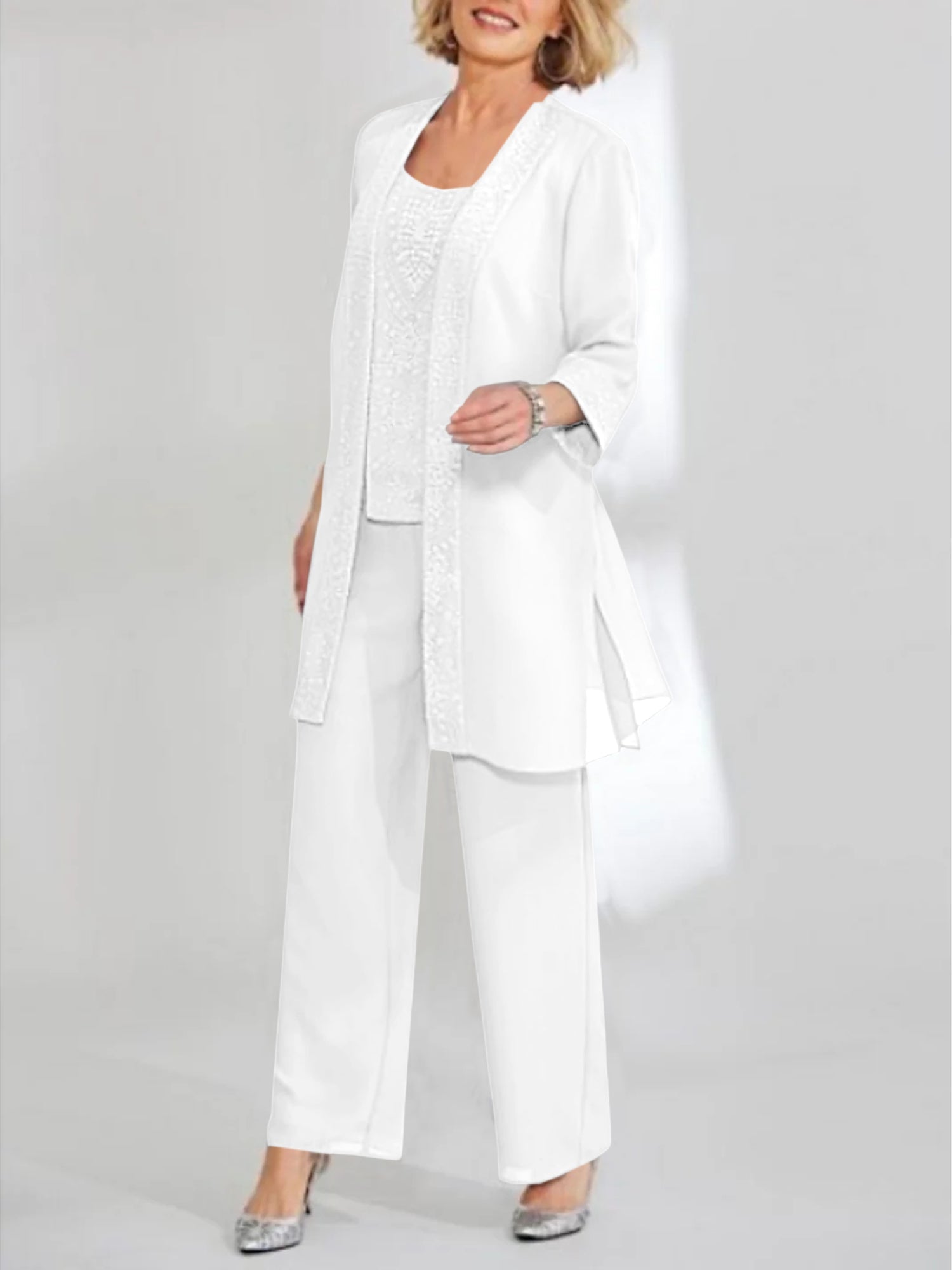 Chiffon Sequins Scoop Ankle Length Mother Of The Bride Pantsuits With Jacket